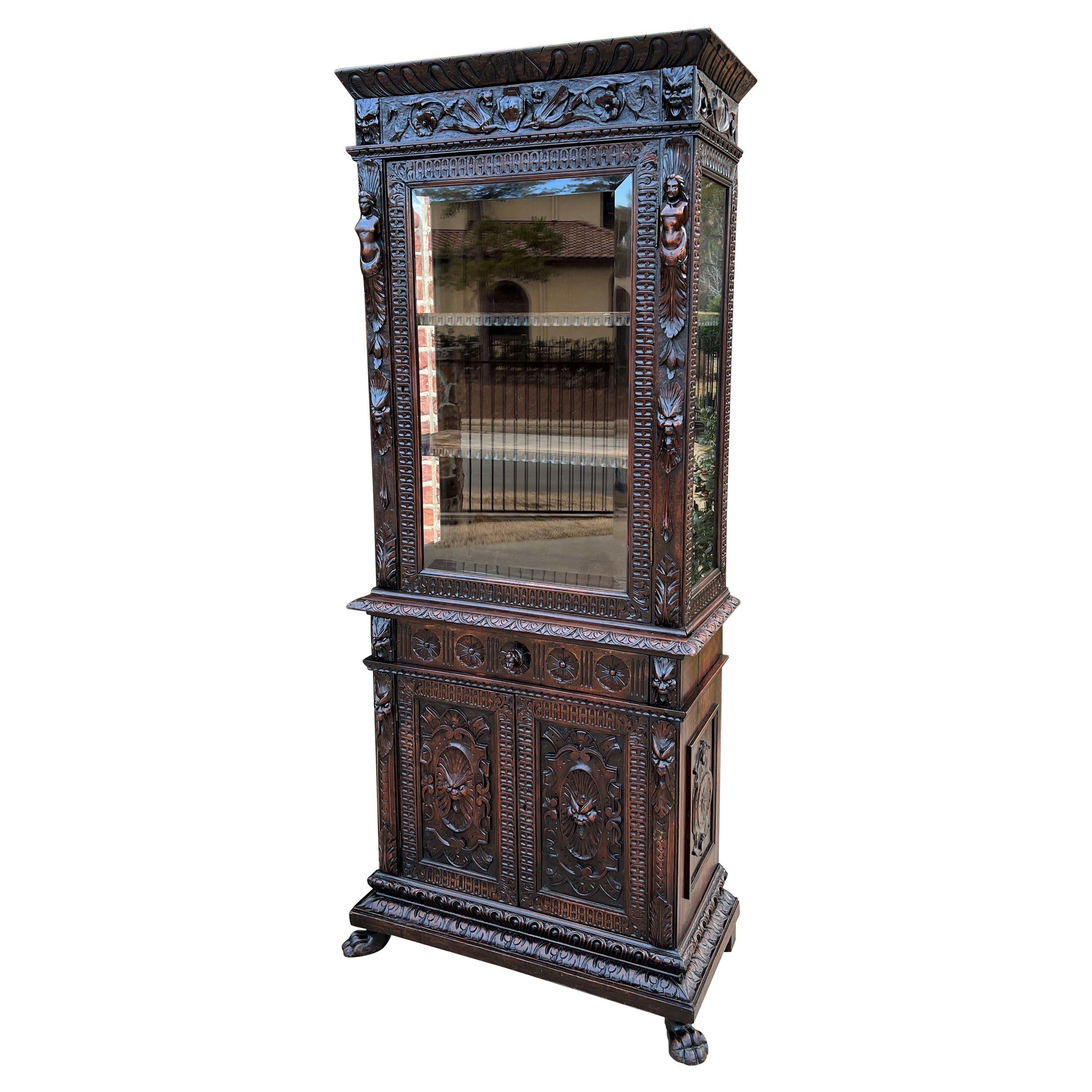 Antique Italian Bookcase Cabinet Display Renaissance Revival Carved Oak c. 1870s