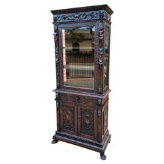 Antique Italian Bookcase Cabinet Display Renaissance Revival Carved Oak c. 1870s