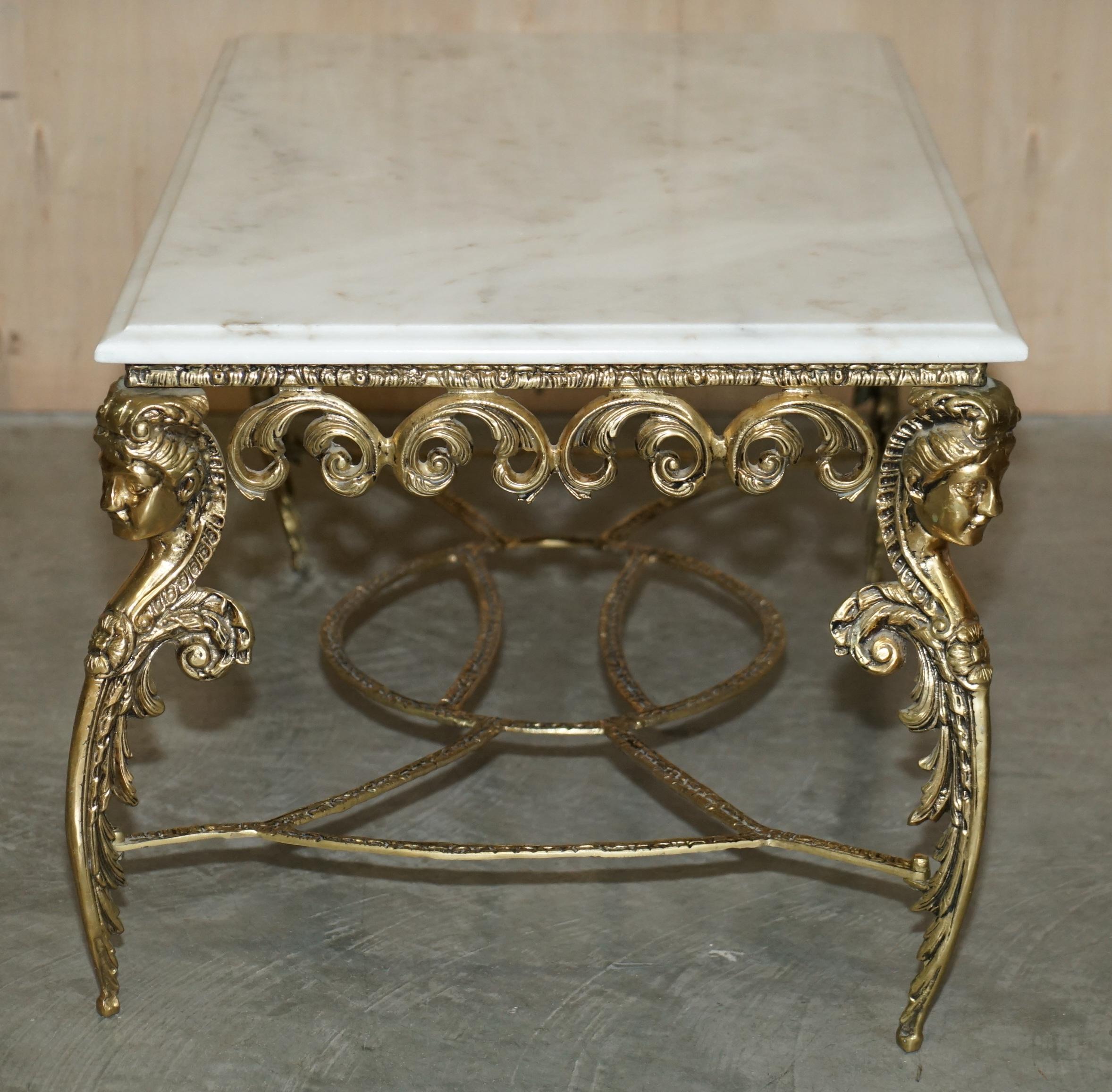 Antique Italian Brass & Carrara Marble Coffee Table circa 1880 Thick Cut Top For Sale 14