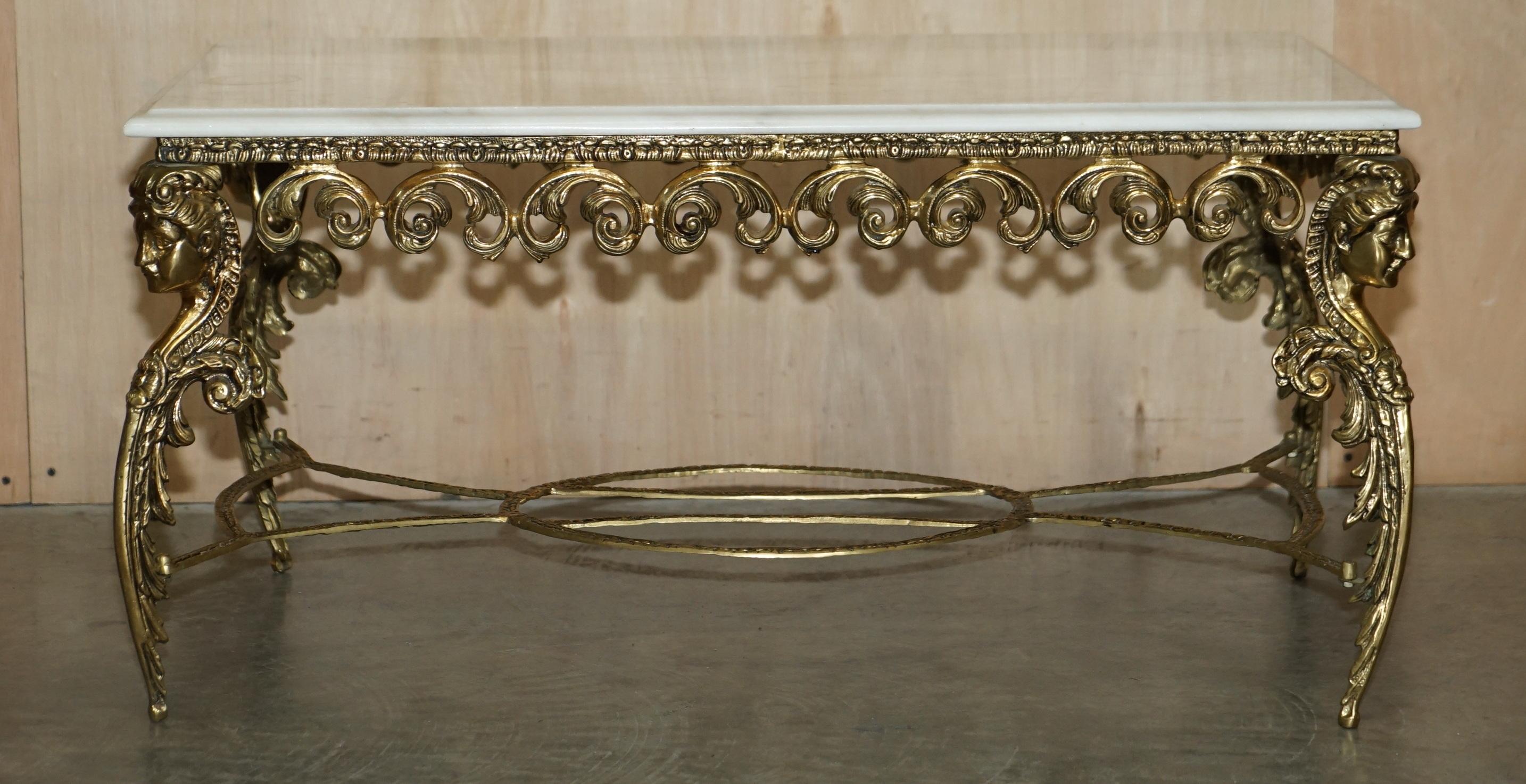 Baroque Antique Italian Brass & Carrara Marble Coffee Table circa 1880 Thick Cut Top For Sale