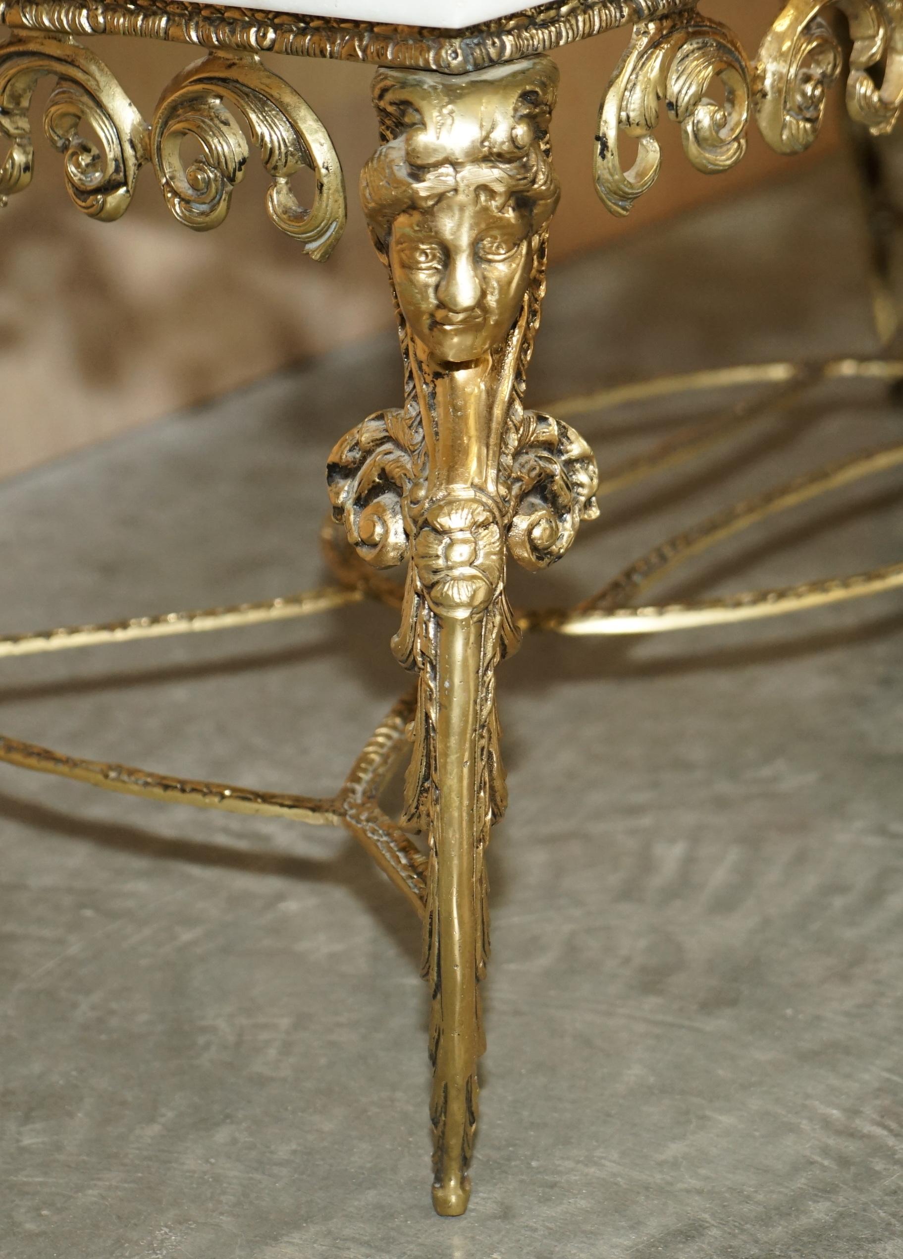 19th Century Antique Italian Brass & Carrara Marble Coffee Table circa 1880 Thick Cut Top For Sale