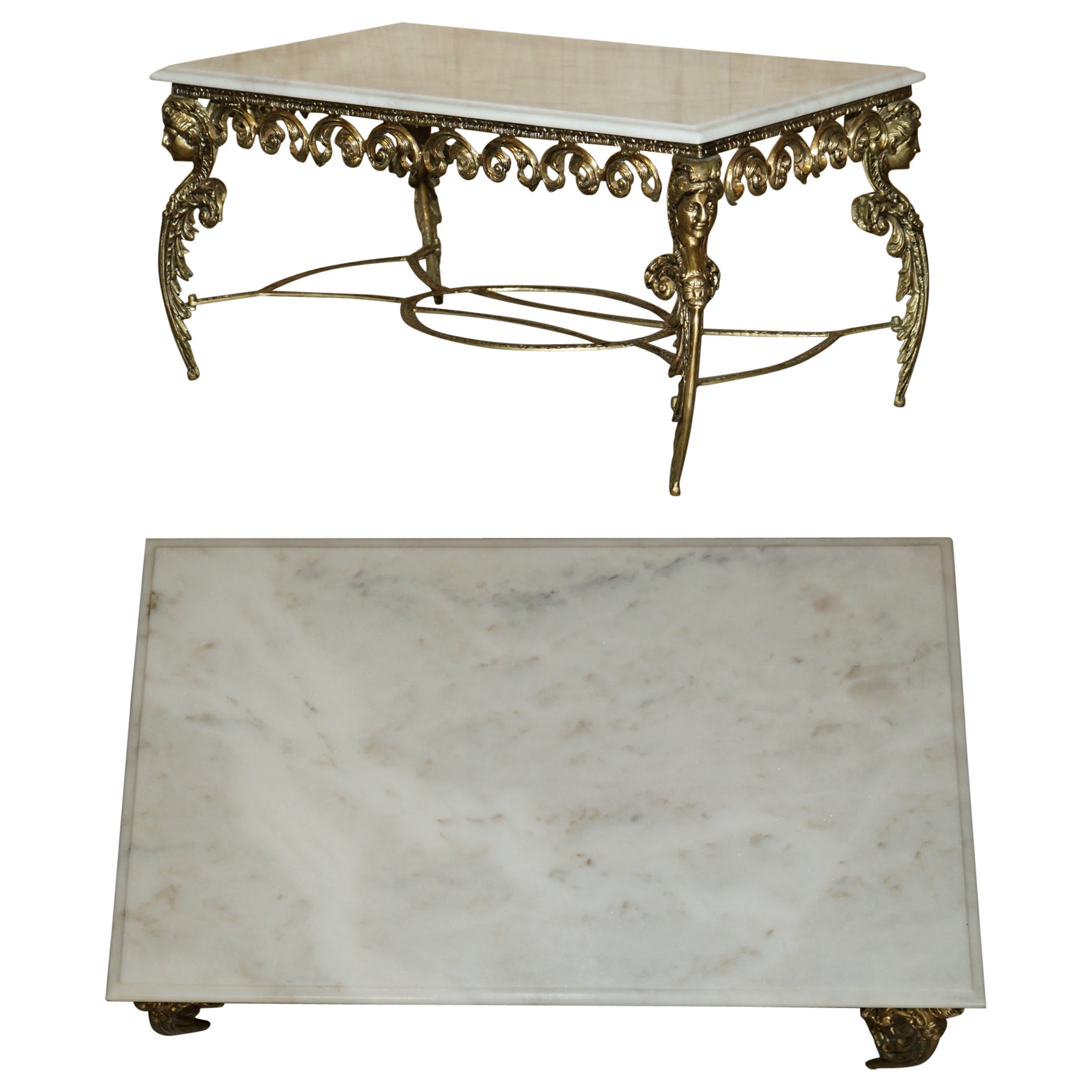 Mesa de centro antigua italiana de latón y mármol de Carrara circa 1880 Tapa de corte grueso