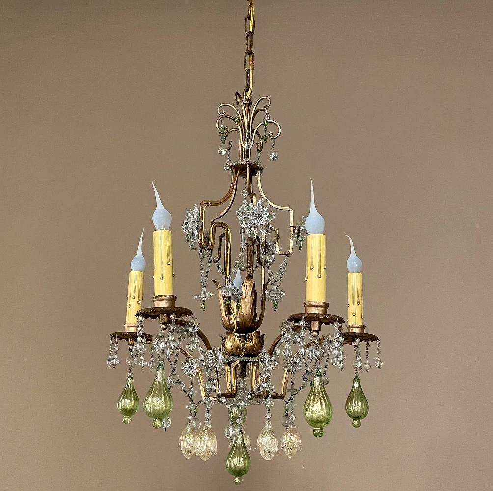 Hand-Crafted Antique Italian Brass & Crystal Chandelier from Venice For Sale