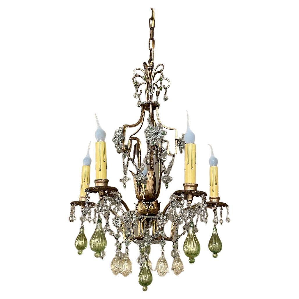 Antique Italian Brass & Crystal Chandelier from Venice For Sale