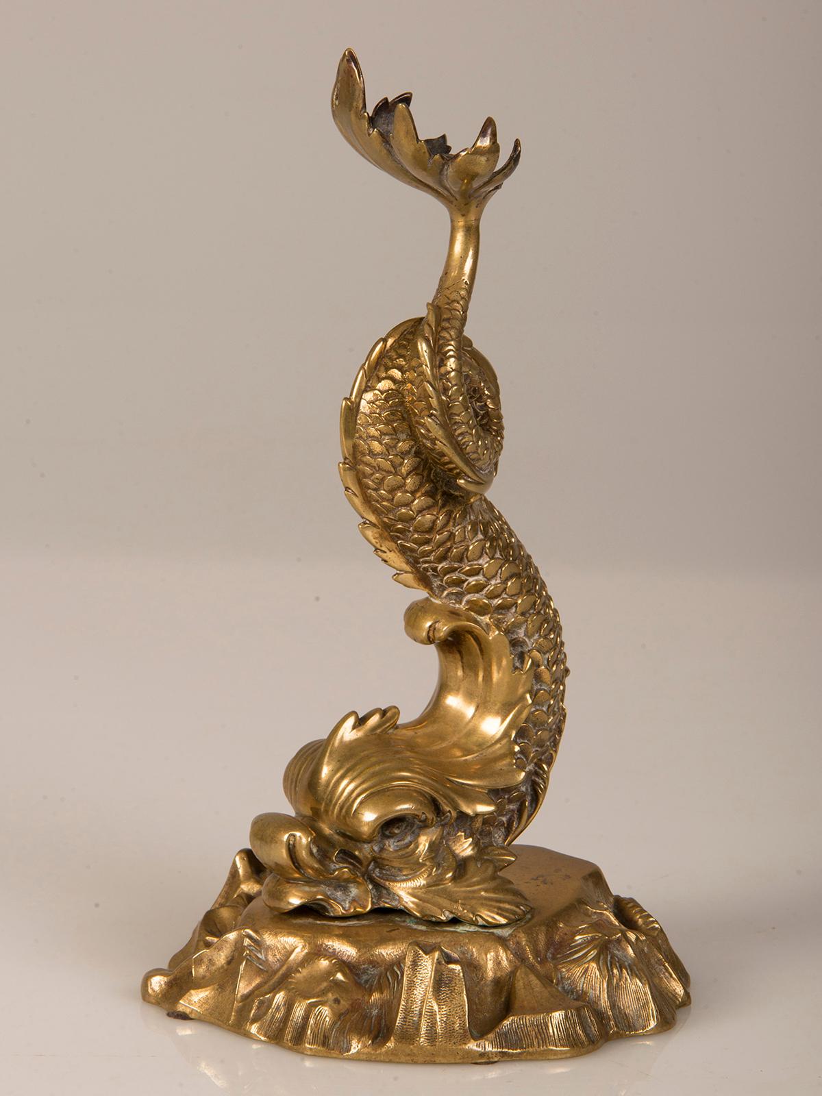 Antique Italian Brass Dolphin Sculpture from Italy, circa 1875 In Good Condition For Sale In Houston, TX