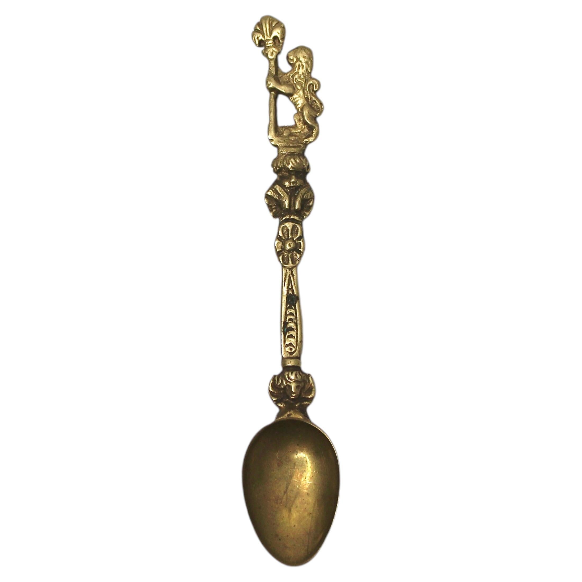 Antique Italian Brass Fleur de Lis Lion Motif Tea Spoon