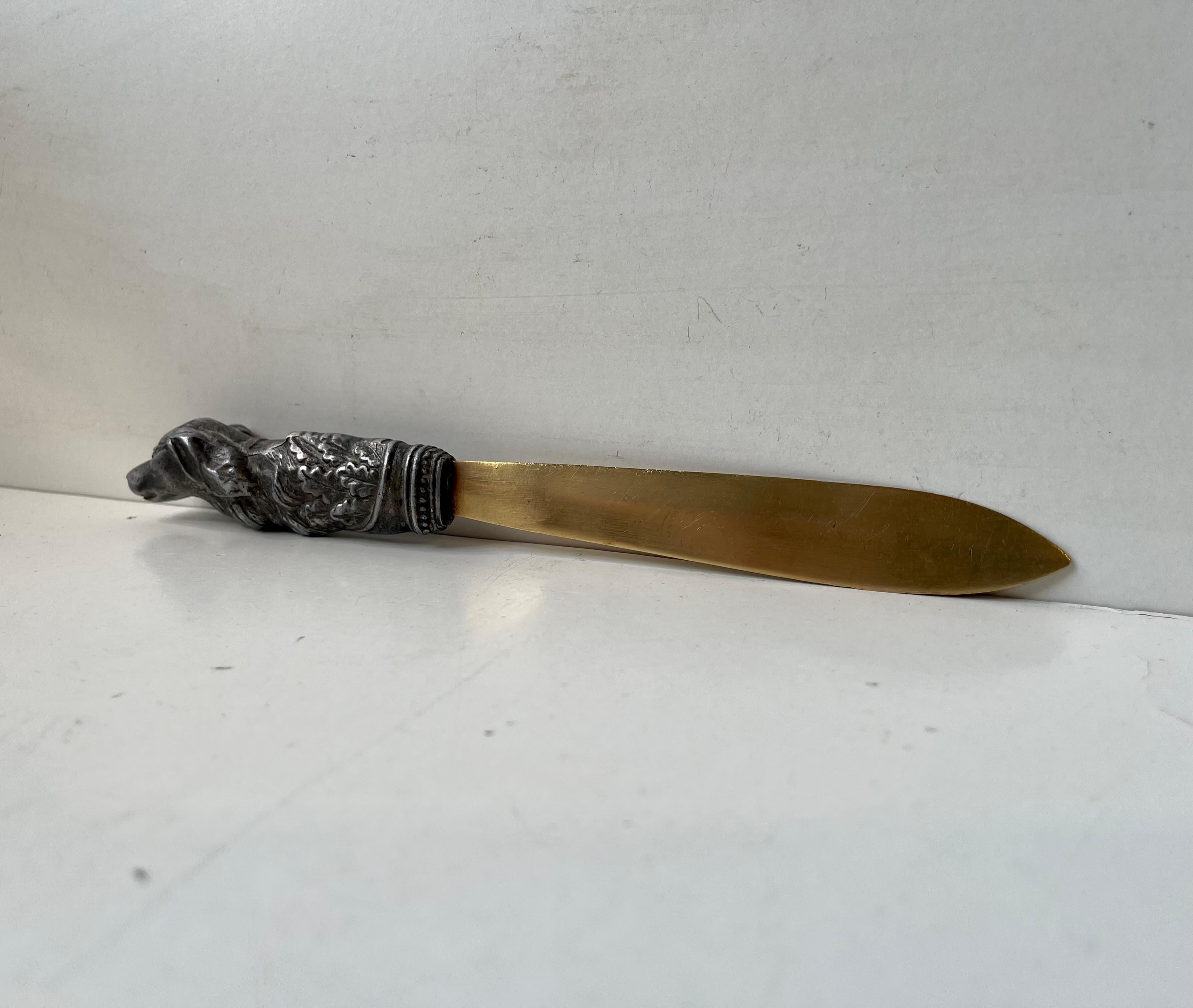 Victorian Antique Italian Brass Letter Opener With Pewter Dog Handle For Sale