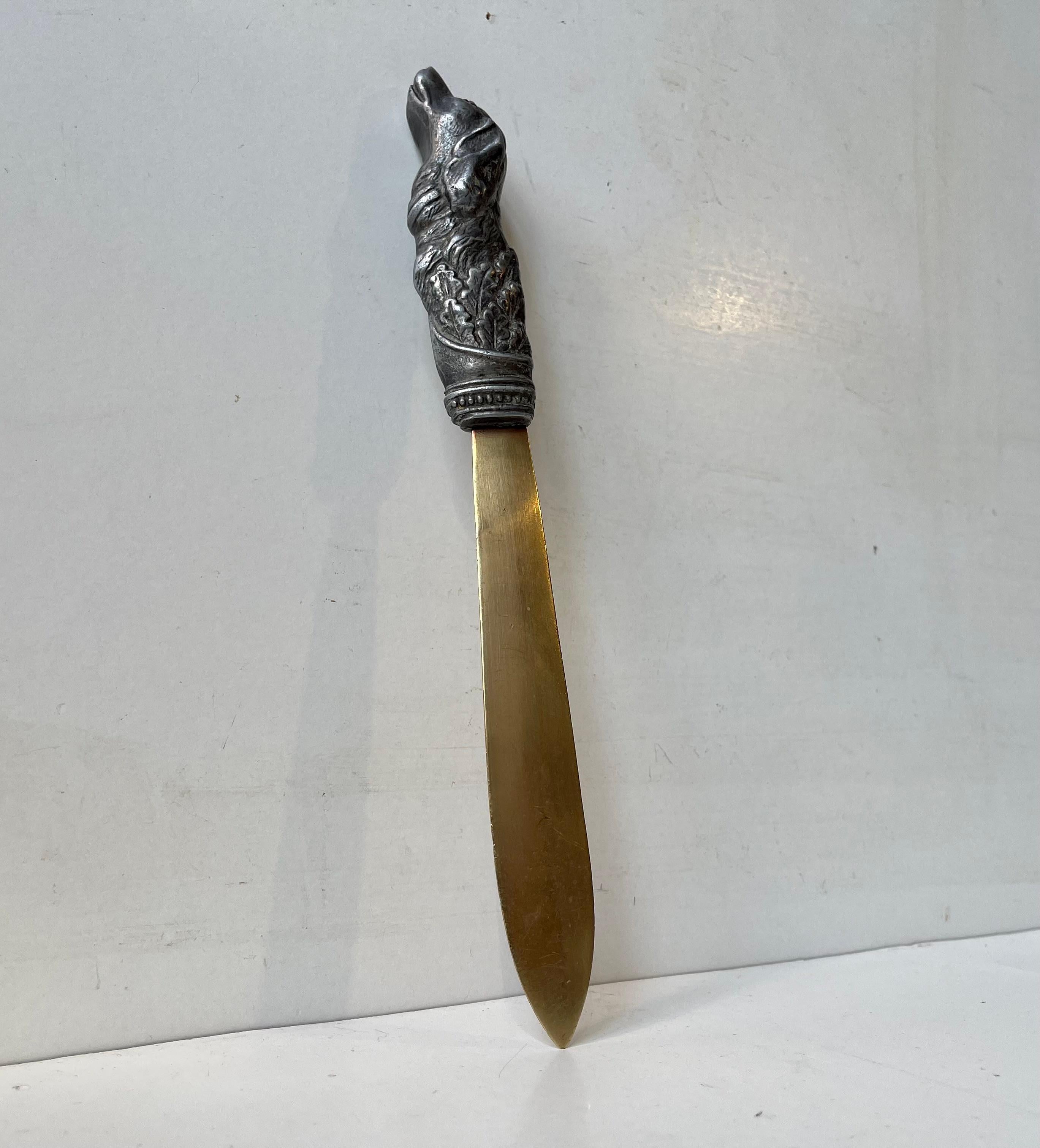 Antique Italian Brass Letter Opener With Pewter Dog Handle In Good Condition For Sale In Esbjerg, DK