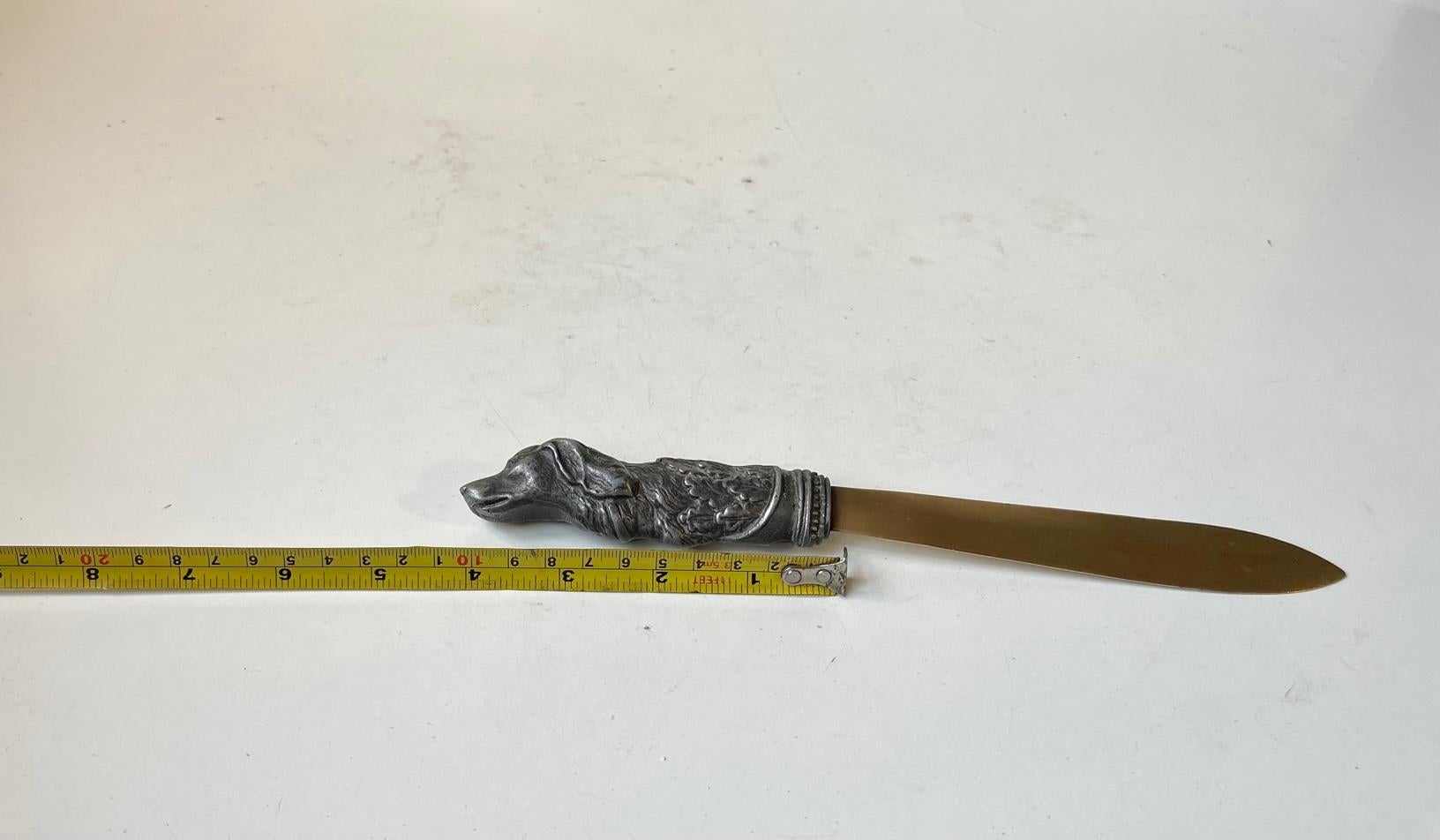 Antique Italian Brass Letter Opener With Pewter Dog Handle For Sale 3