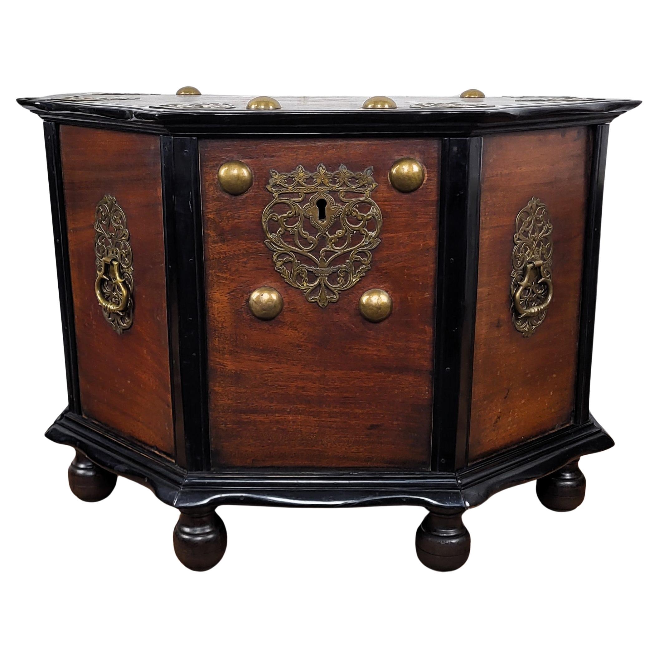 Antique Italian Brass Wood Chest Trunk For Sale