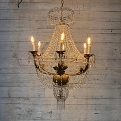 Antique Italian Bronze and Crystal Chandelier with Tall Glass Column