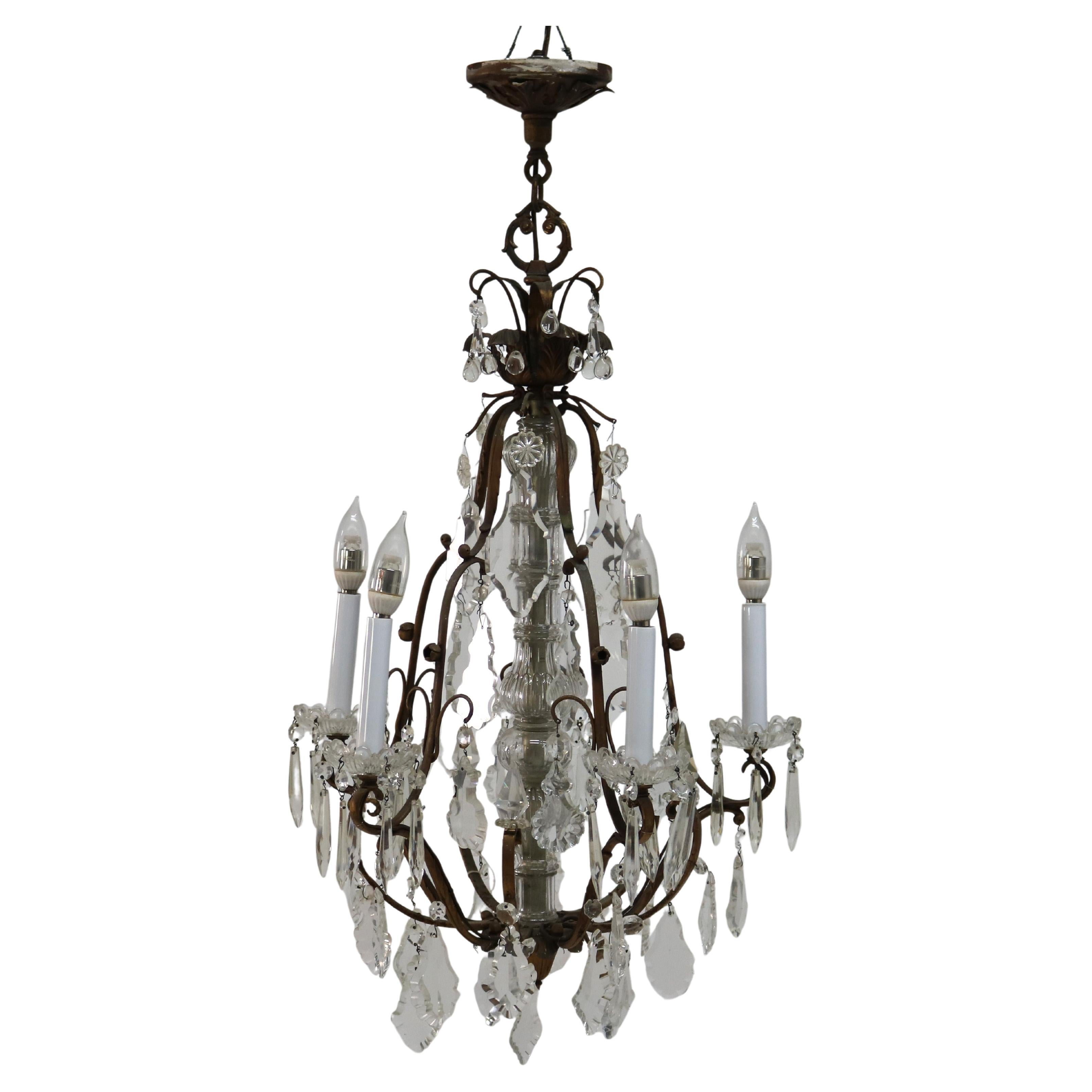 Antique Italian Bronze & Cut Crystal Five-Light Chandelier C1930