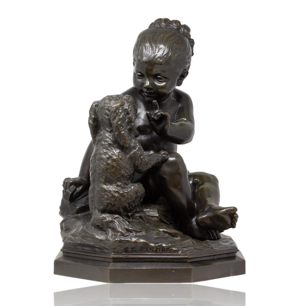 Escultura Italiana Antigua de Bronce Niña y su Cachorro de Antonio Lanzirotti en venta 3