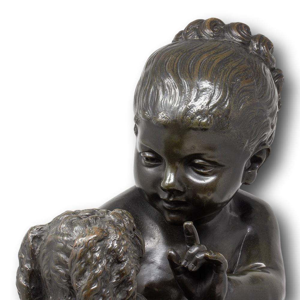 Escultura Italiana Antigua de Bronce Niña y su Cachorro de Antonio Lanzirotti en venta 5