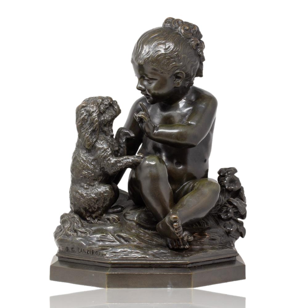 Escultura Italiana Antigua de Bronce Niña y su Cachorro de Antonio Lanzirotti Alto victoriano en venta