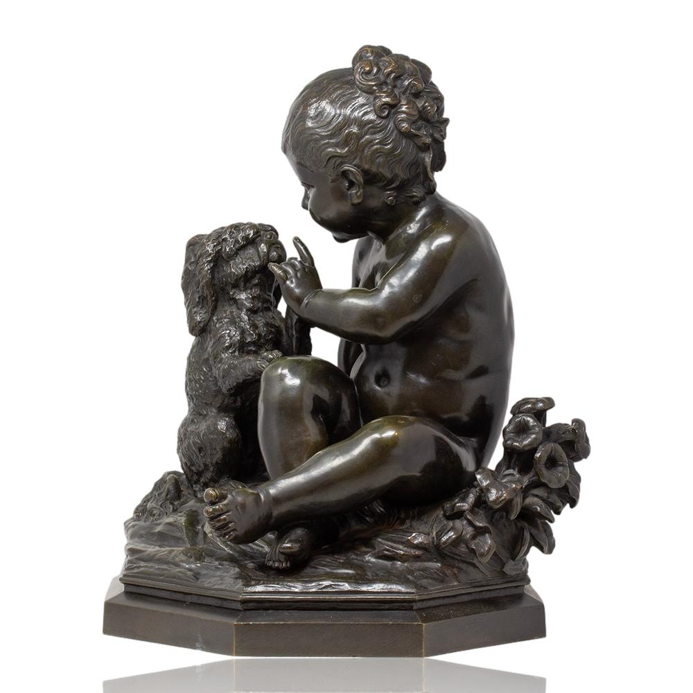 Escultura Italiana Antigua de Bronce Niña y su Cachorro de Antonio Lanzirotti Italiano en venta