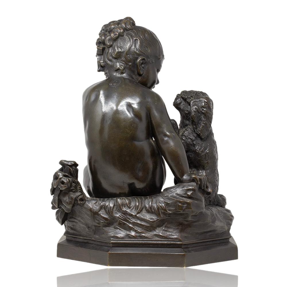 Escultura Italiana Antigua de Bronce Niña y su Cachorro de Antonio Lanzirotti siglo XIX en venta