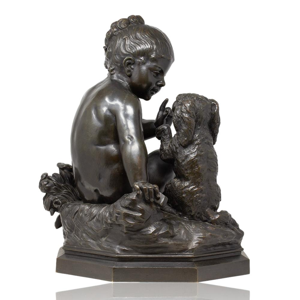 Escultura Italiana Antigua de Bronce Niña y su Cachorro de Antonio Lanzirotti en venta 1
