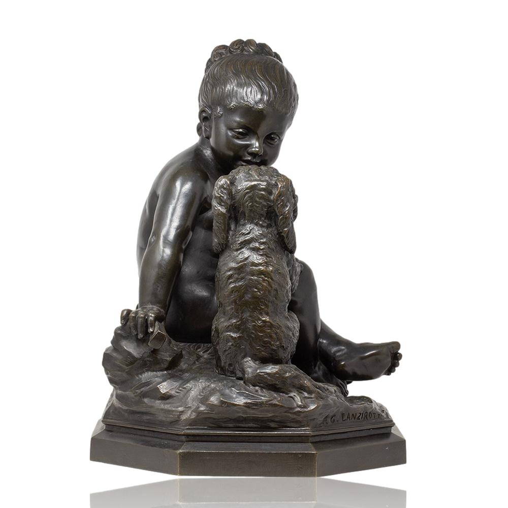 Escultura Italiana Antigua de Bronce Niña y su Cachorro de Antonio Lanzirotti en venta 2