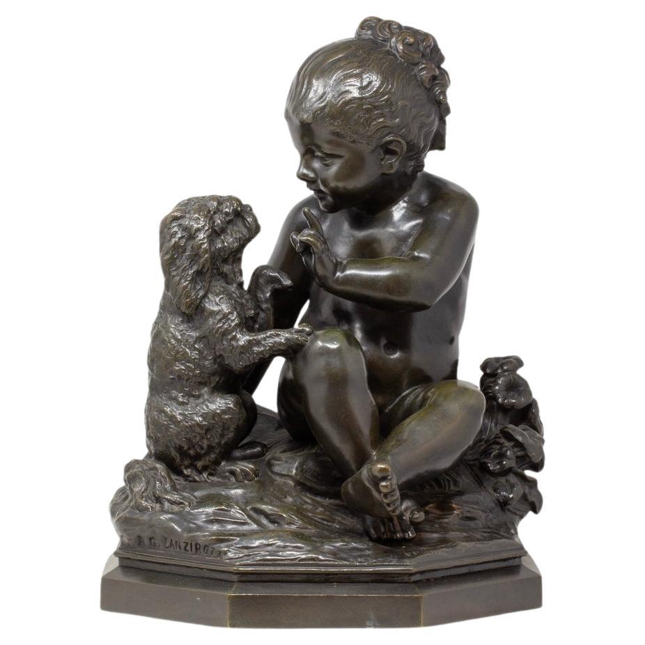 Escultura Italiana Antigua de Bronce Niña y su Cachorro de Antonio Lanzirotti en venta