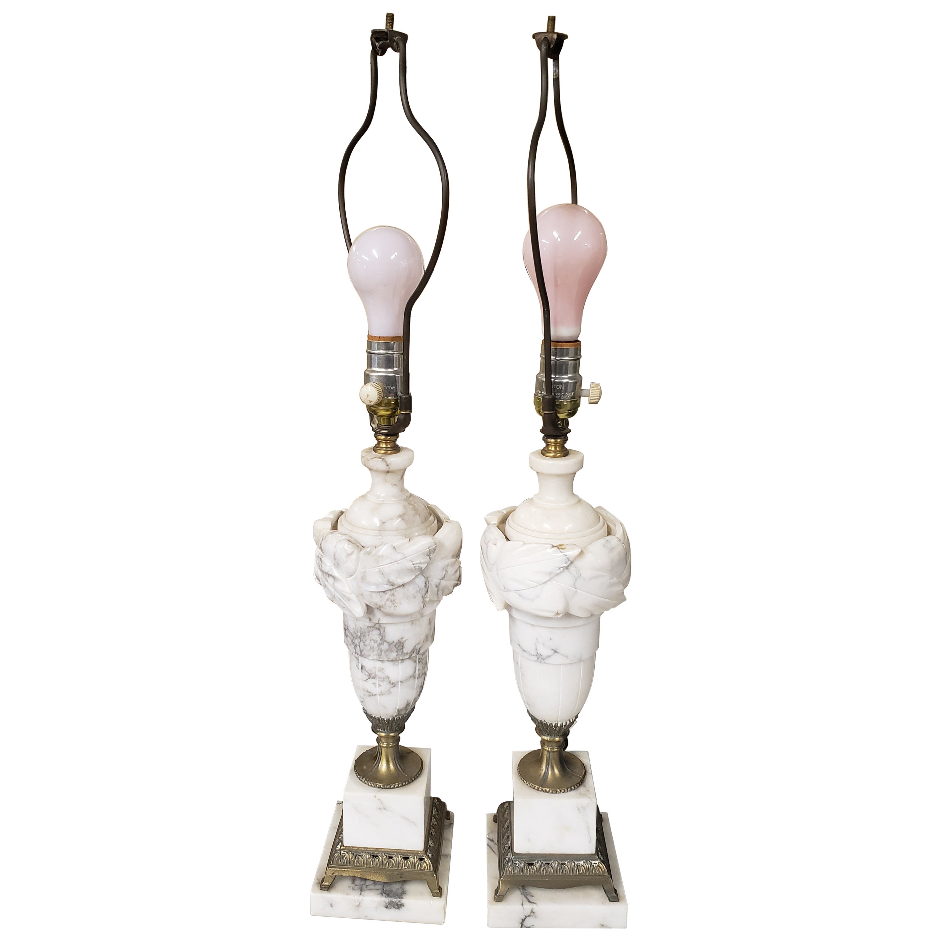 Antique Italian Bronze Mounted Carved Laurels Alabaster Marble Table Lamps, Pair