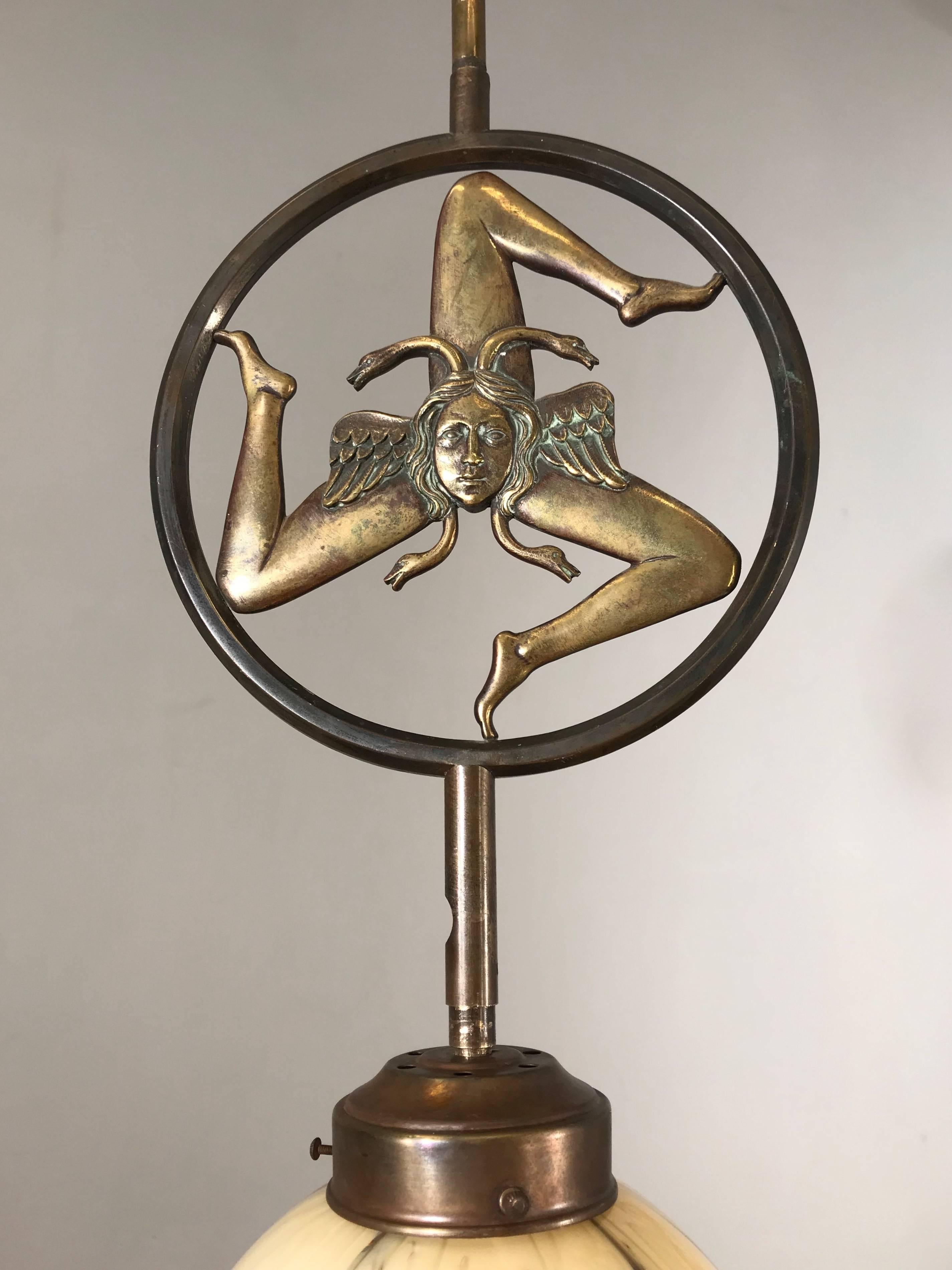 Glass Antique Italian Bronze Pendant with Trinacria, Hellenic Nature of Sicily Symbol For Sale