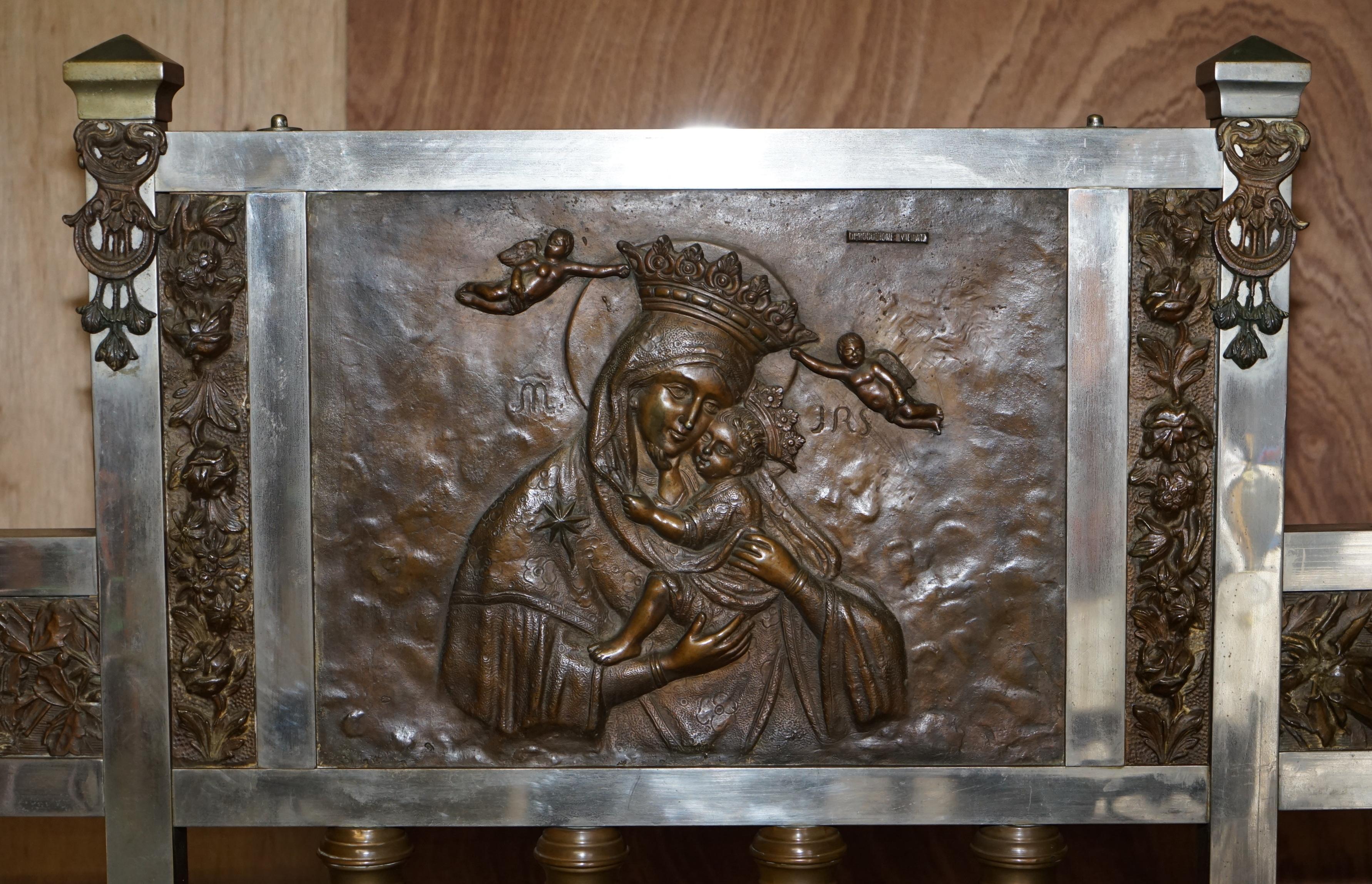 Antique Italian Bronze Statue & Panels Madonna & Child Chrome Plated Bed Frame 8