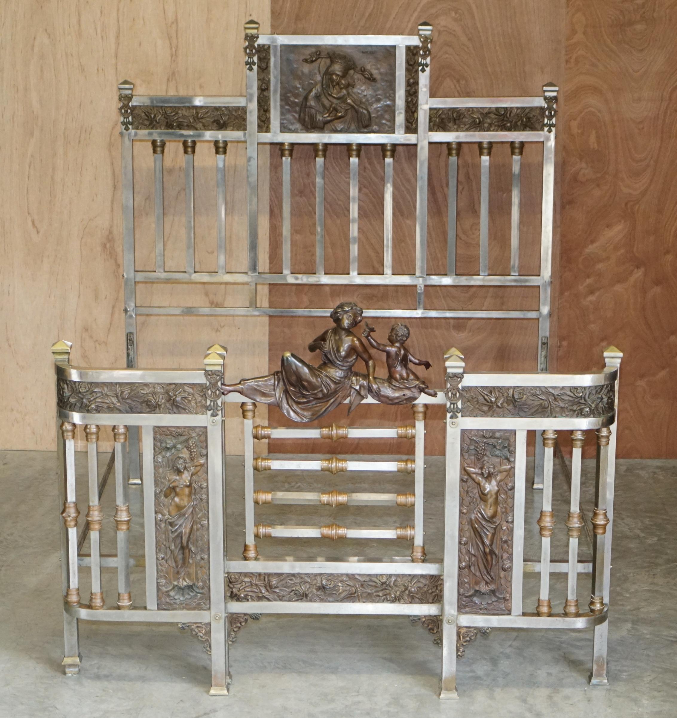 We are delighted to offer for sale this extremely rare Antique Italian hand made nickel plated chrome Euro King size bed frame with bronze statues and panels depicting the Madonna & Child

Well, what a thing! Have you ever seen a more ornate