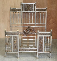 Antique Italian Bronze Statue & Panels Madonna & Child Chrome Plated Bed Frame