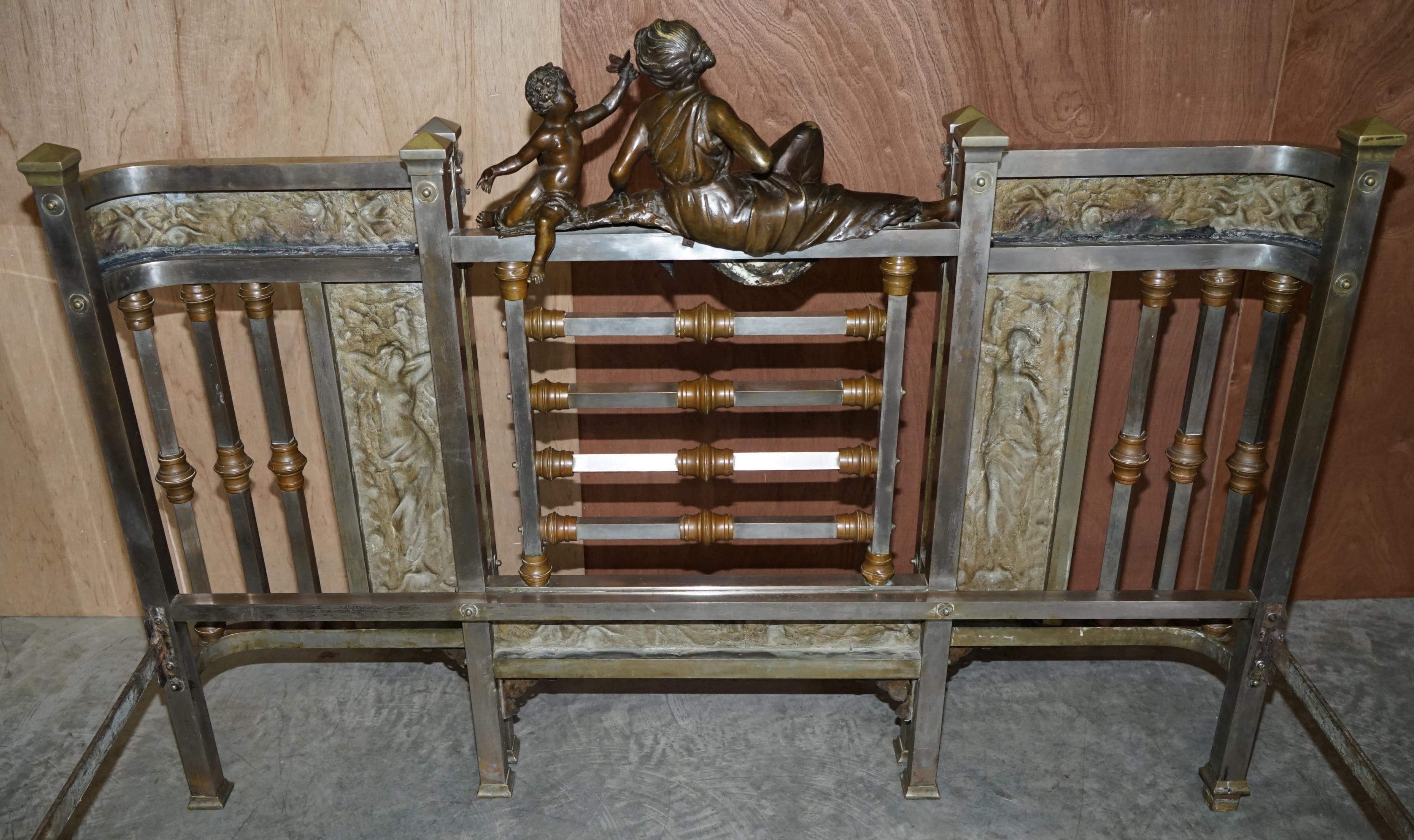 Antique Italian Bronze Statue & Panels Madonna & Child Chrome Plated Bed Frame 12