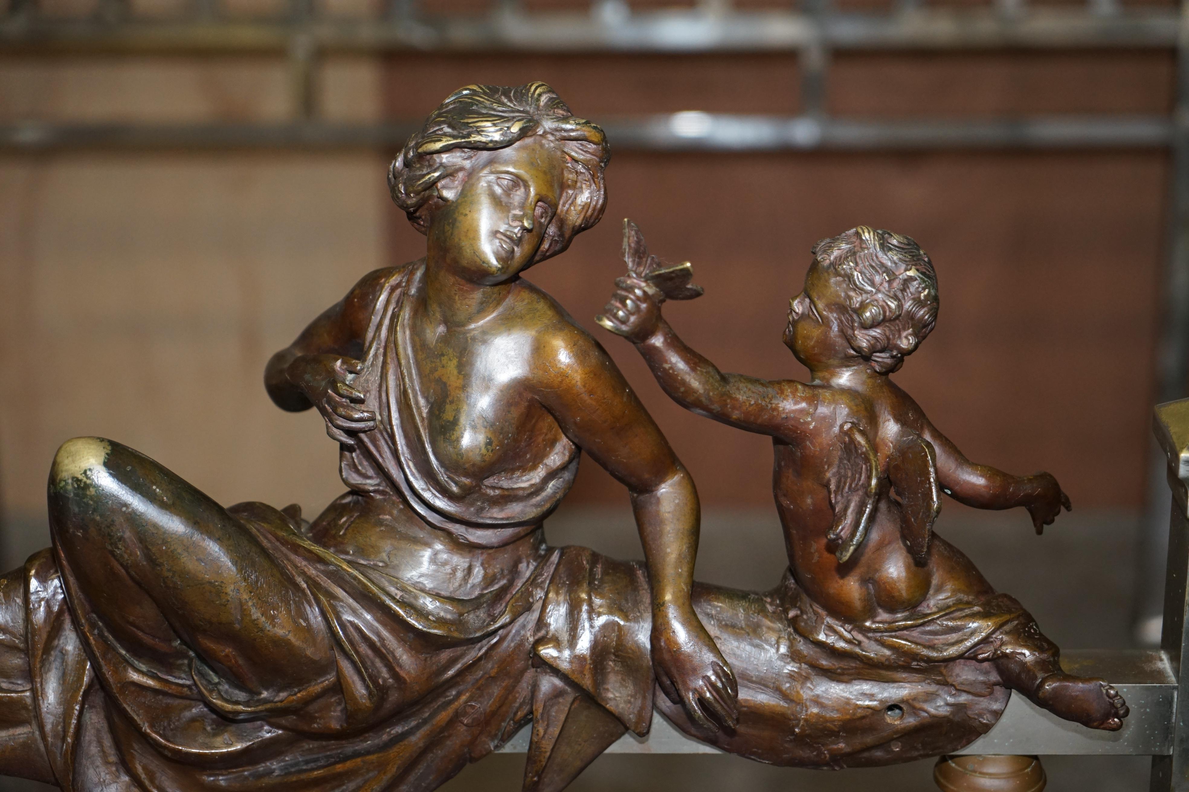Neoclassical Antique Italian Bronze Statue & Panels Madonna & Child Chrome Plated Bed Frame
