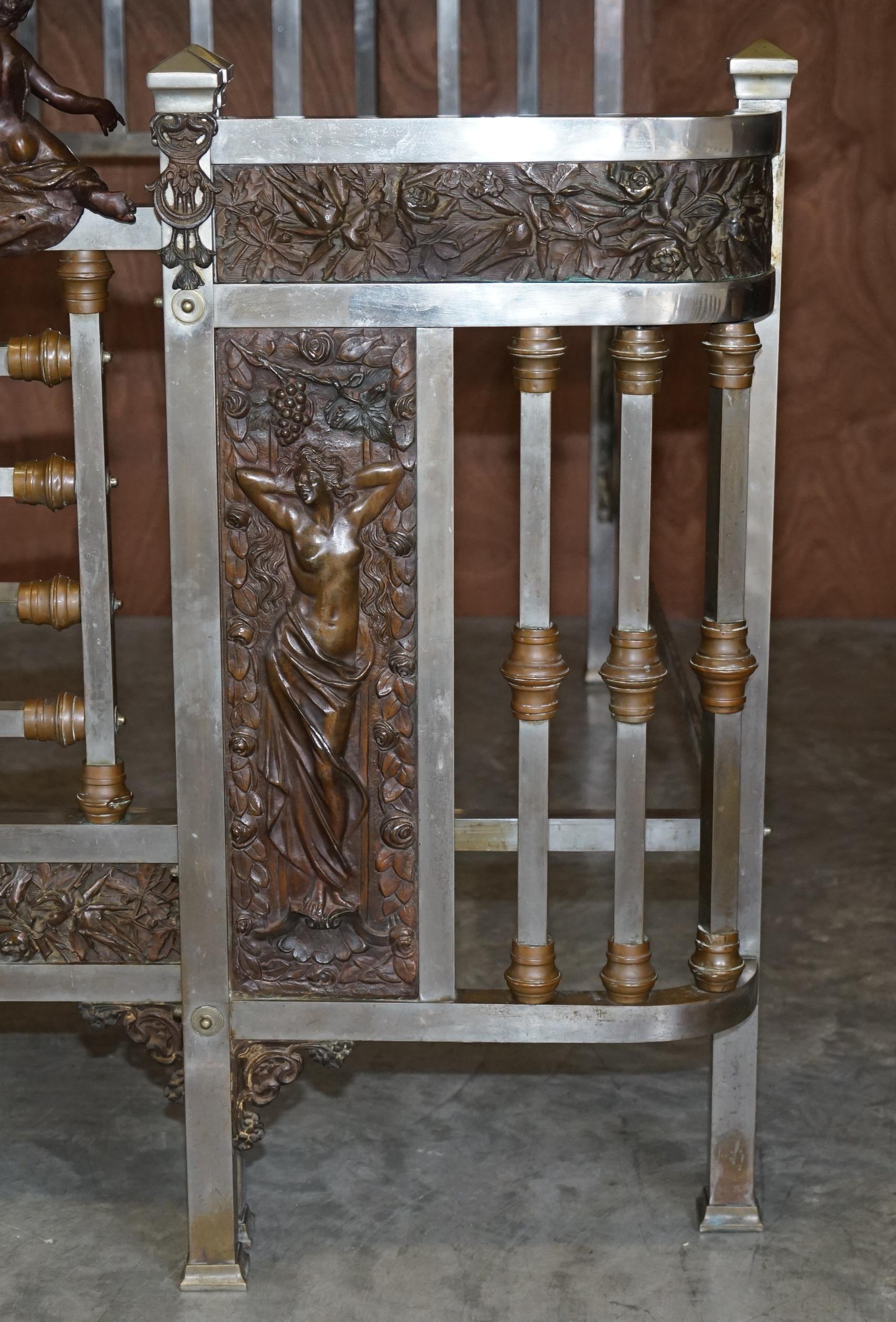 Antique Italian Bronze Statue & Panels Madonna & Child Chrome Plated Bed Frame In Good Condition In West Sussex, Pulborough