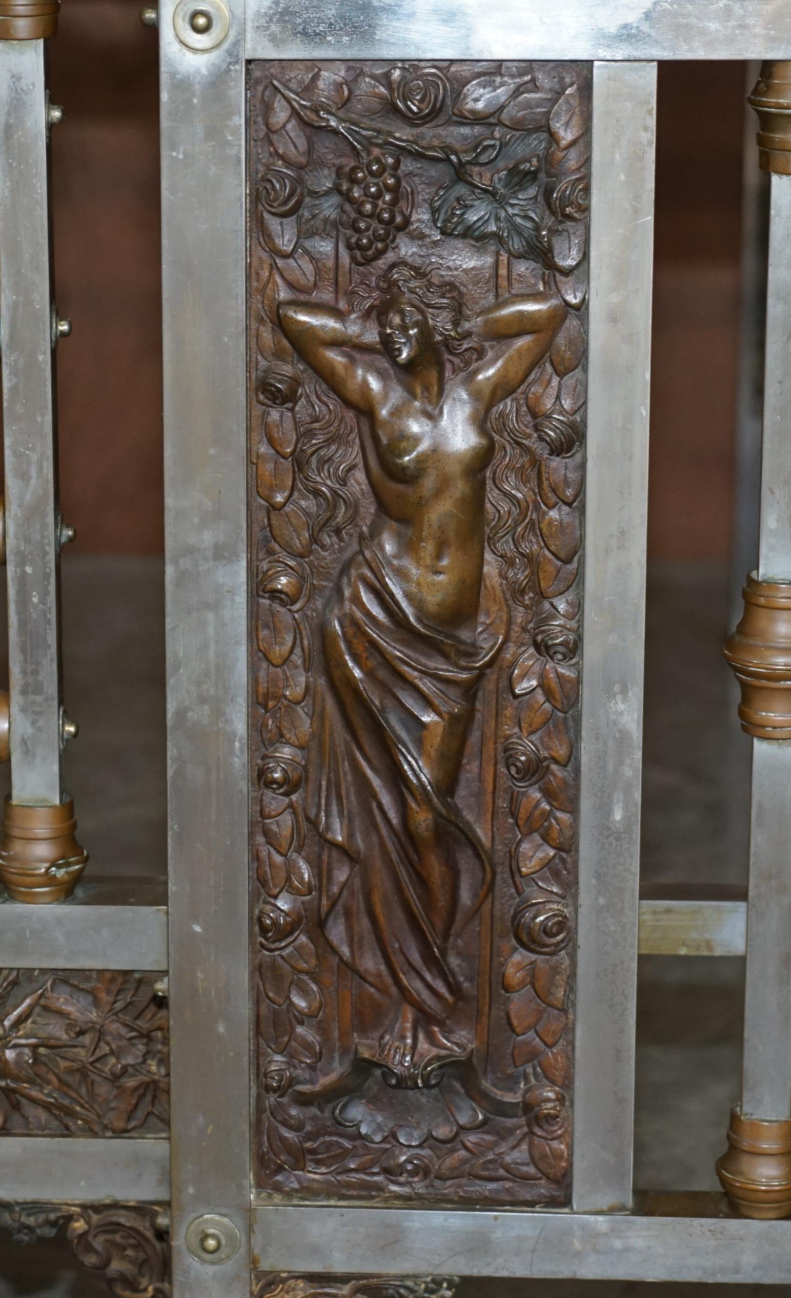Antique Italian Bronze Statue & Panels Madonna & Child Chrome Plated Bed Frame 1