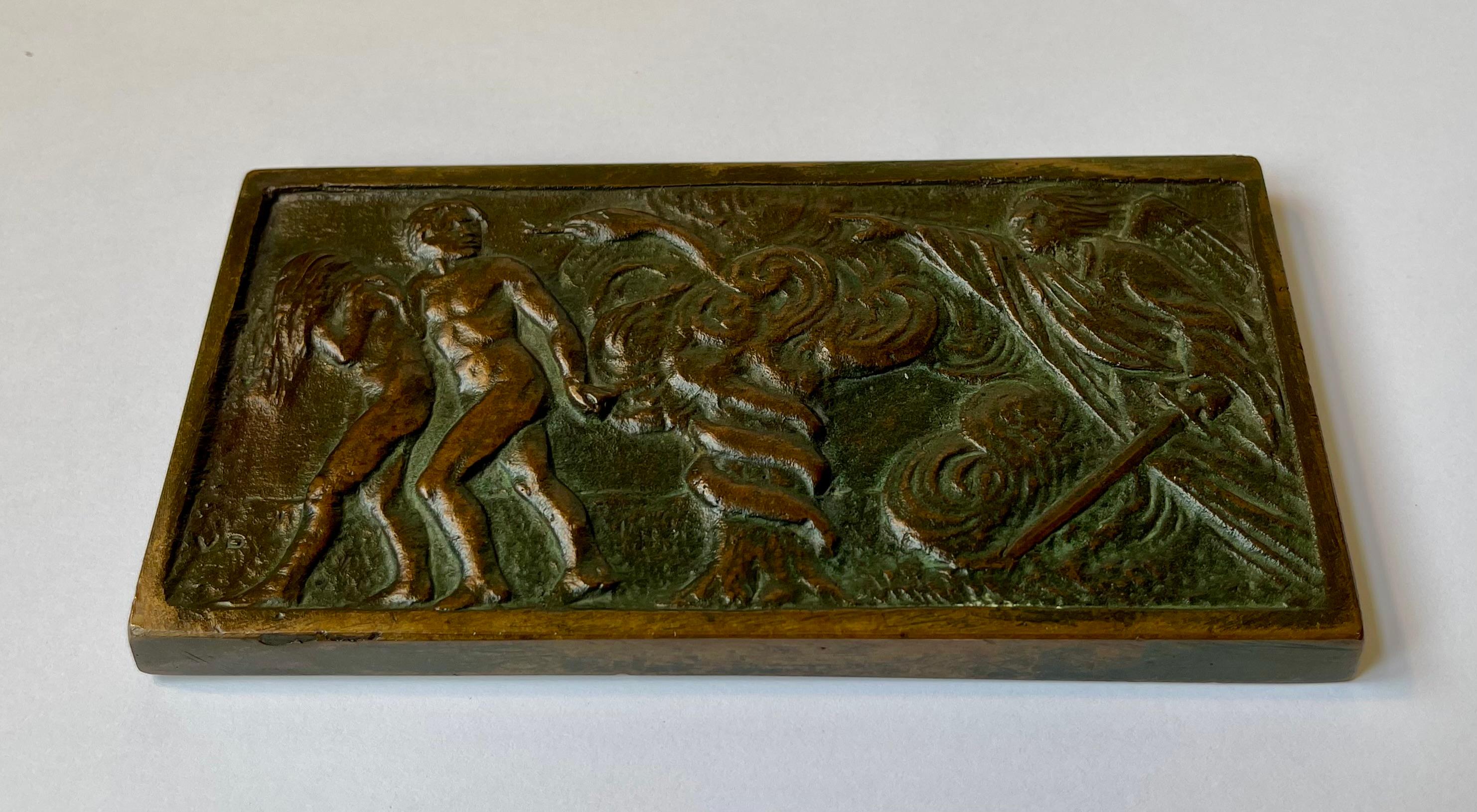 Ornate and beautifully patinated bronze relief plaque depicting the expulsion of Adam and Eve from the Garden of Eden by the archangel Jophiel. Its signed VP to its left corner. It was made in Italy during the 19th century. Measurements: