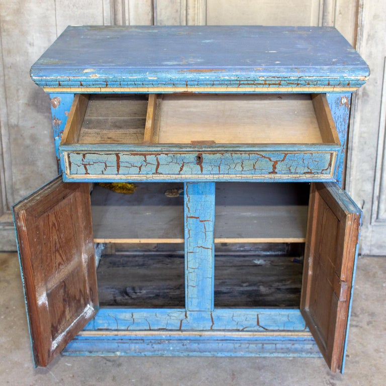 Antique Italian Cabinet in Distressed Blue and Gold Painted Finish  In Good Condition For Sale In Houston, TX