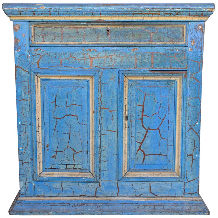 Antique Italian Cabinet in Distressed Blue and Gold Painted Finish  For Sale