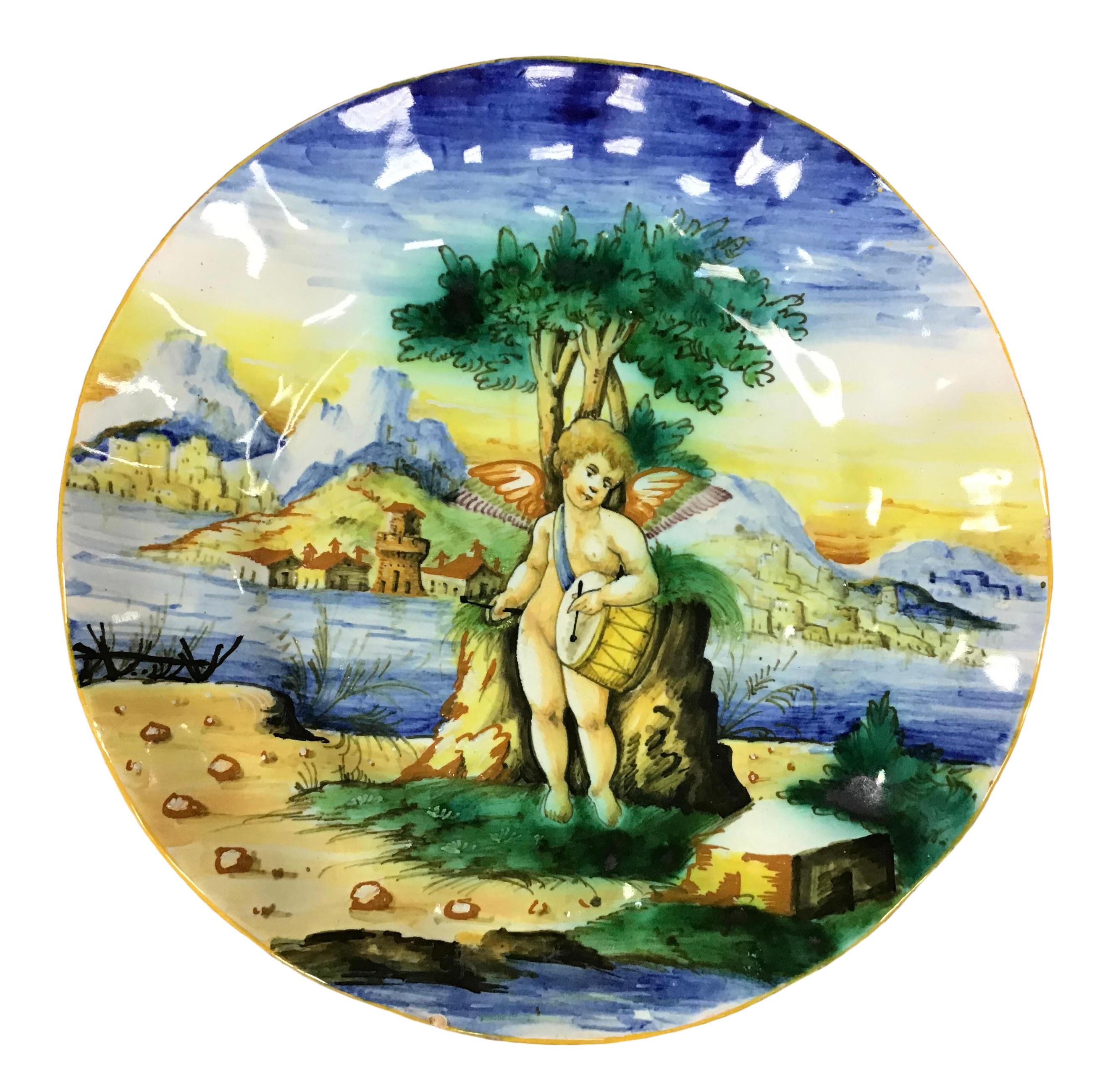 Porcelaine Ancienne plaque en majolique polychrome italienne Cantagalli en vente