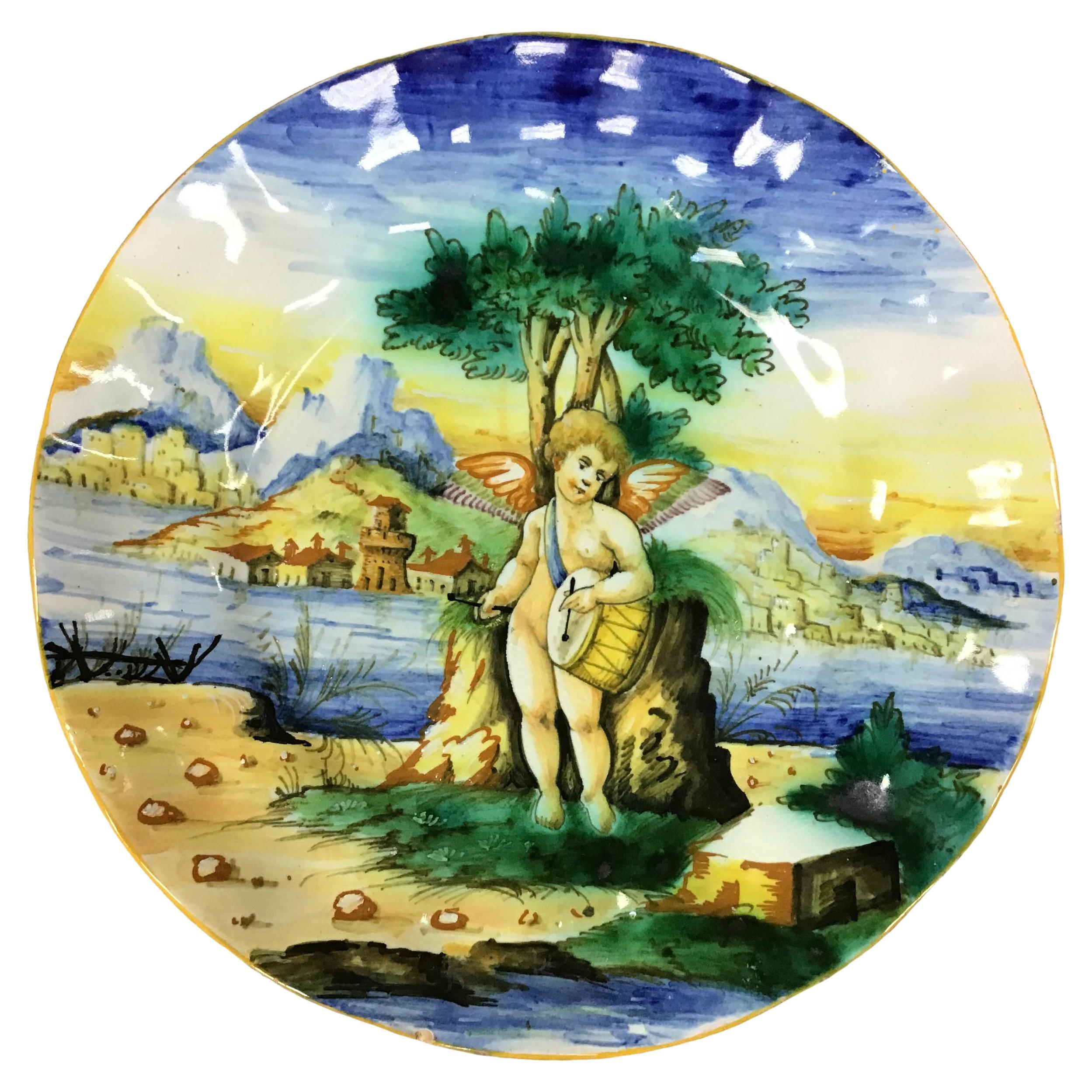 Antique Italian Cantagalli Majolica Polychrome Plaque Plate For Sale