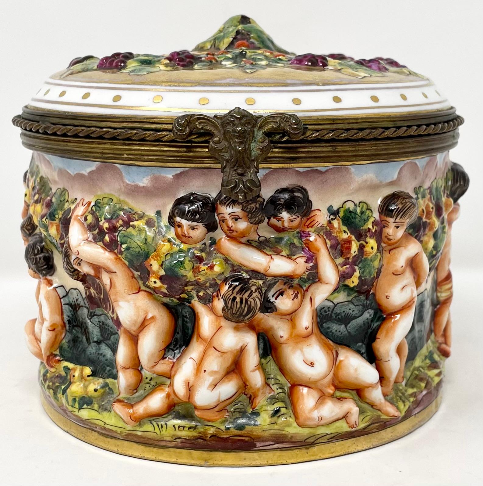 Antique Italian Capo di Monte porcelain jewel box with brass mounts, circa 1880-1890.