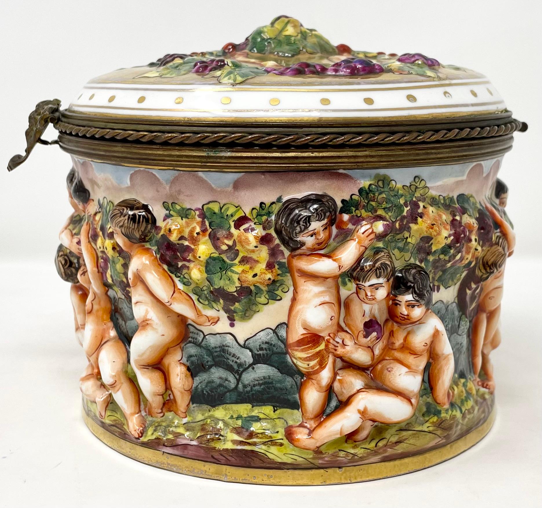 19th Century Antique Italian Capo di Monte Porcelain Jewel Box with Brass Mounts, Circa 1880 For Sale