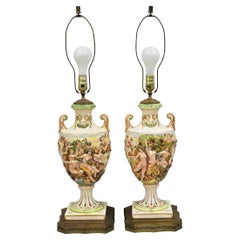 Antique Italian Capodimonte Ceramic Porcelain Figural Urn Table Lamps - a Pair