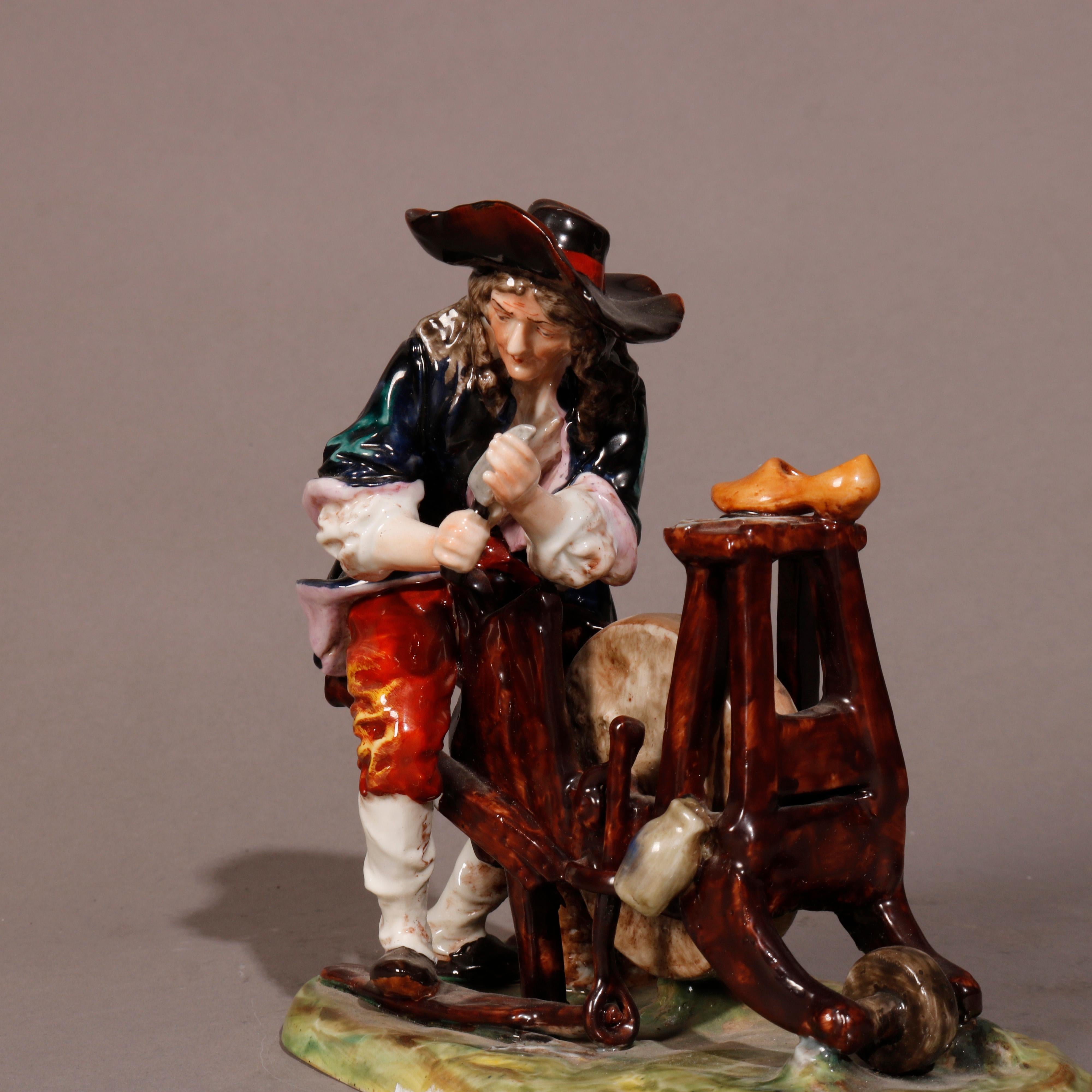 An antique Italian Capodimonte figural grouping offers porcelain hand painted porcelain scene of cobbler making shoes in countryside setting, c1890

Measures- 6.75''H x 4''W  x 7.5''D.

Catalogue Note: Ask about DISCOUNTED DELIVERY RATES available