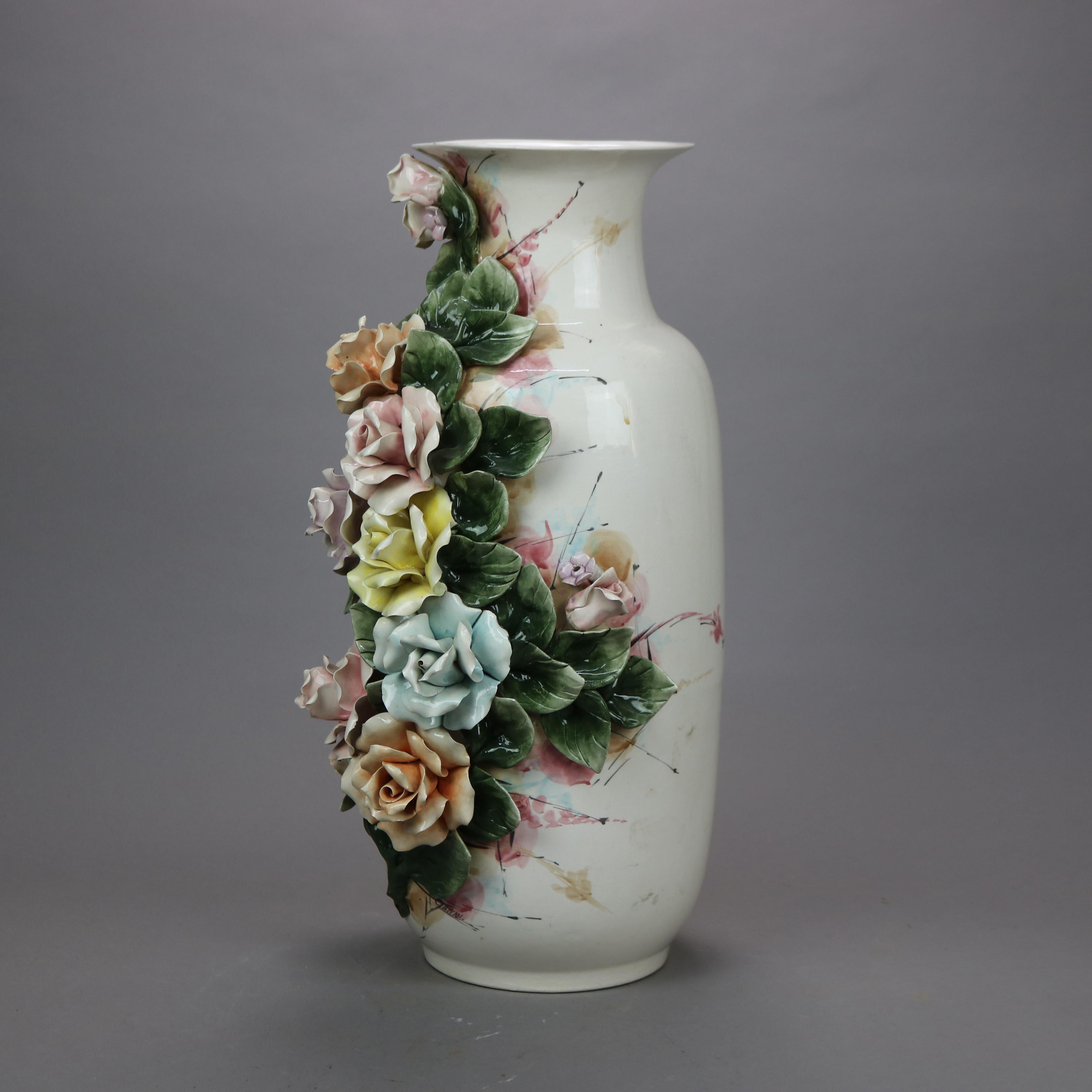 An antique Italian Capodimonte floor vase offers pottery construction with applied roses, signed as photographed, c1900.

Measures- 22.25''H x 10''W x 11''D.

Catalogue Note: Ask about DISCOUNTED DELIVERY RATES available to most regions within 1,500