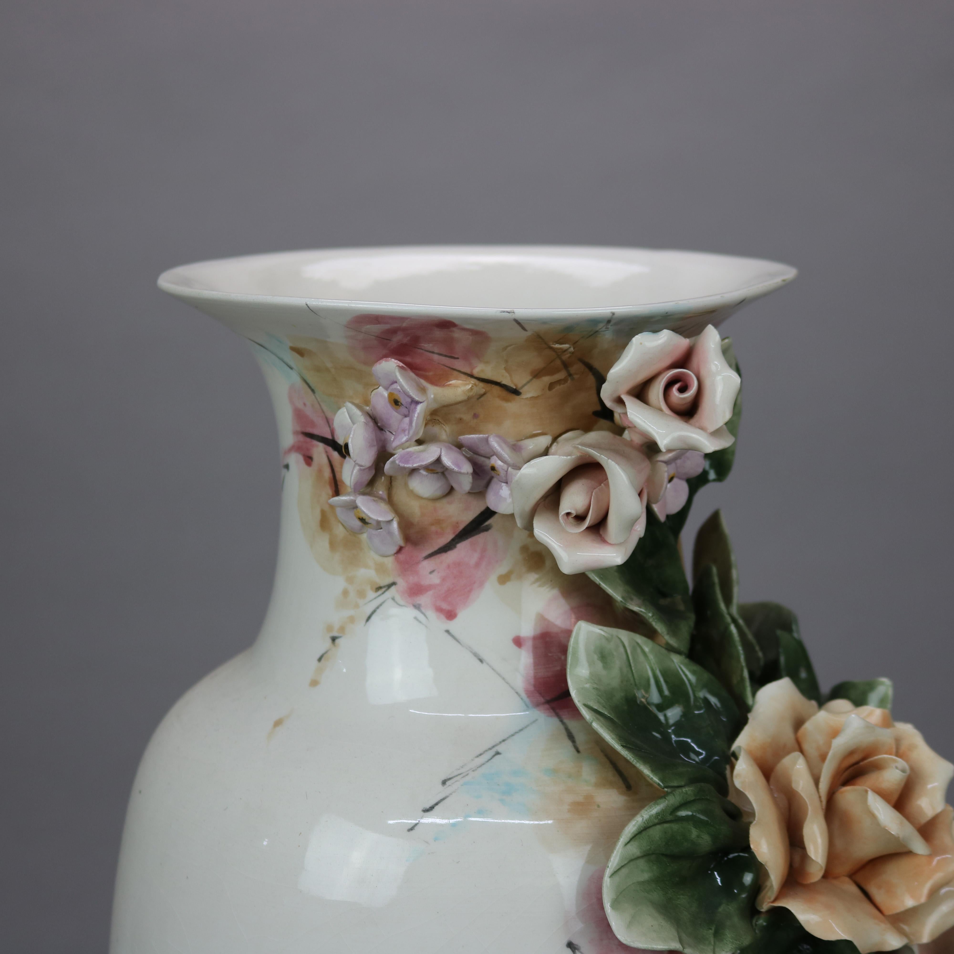 Antique Italian Capodimonte Pottery Floor Vase with Applied Flowers, c1900 In Good Condition For Sale In Big Flats, NY