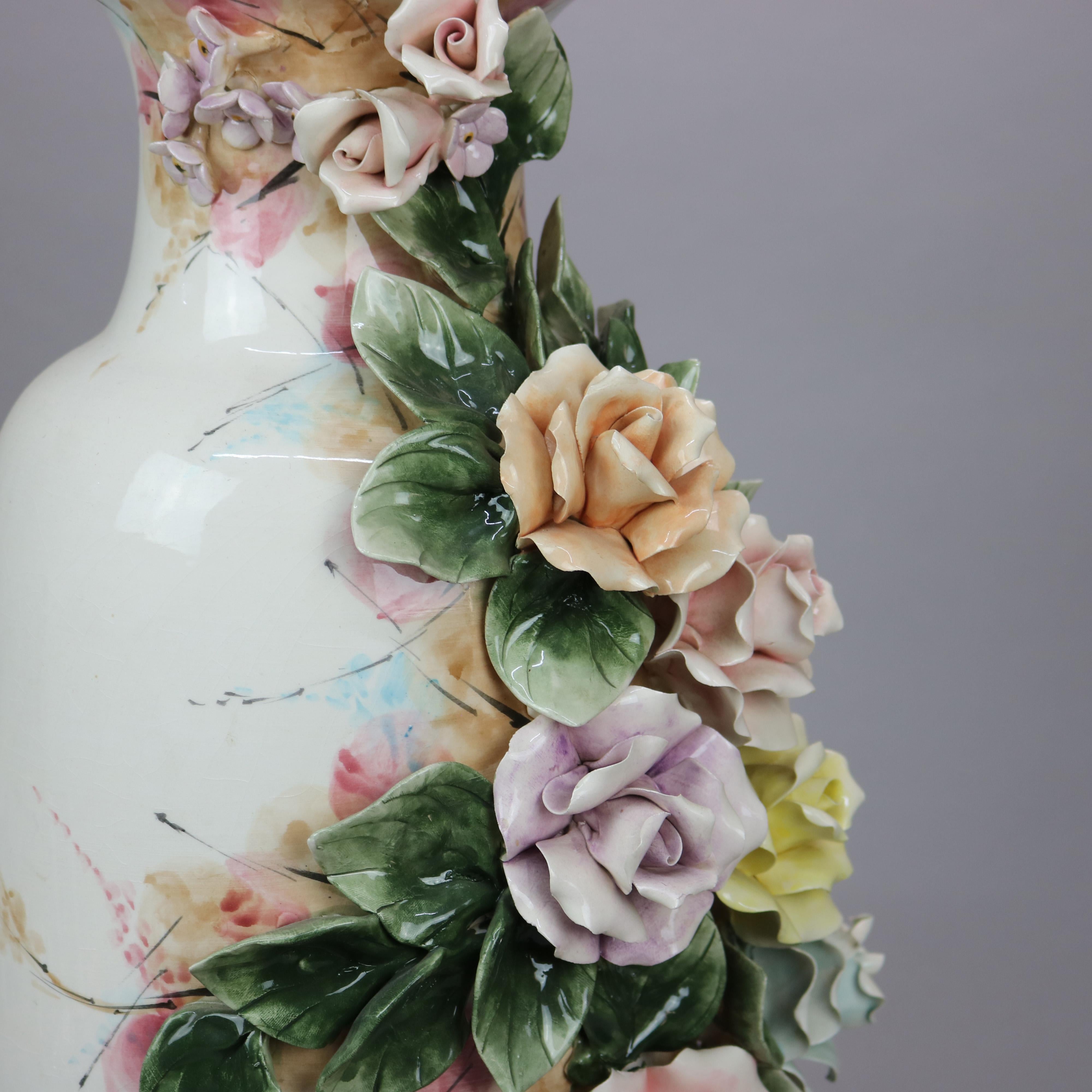 20th Century Antique Italian Capodimonte Pottery Floor Vase with Applied Flowers, c1900