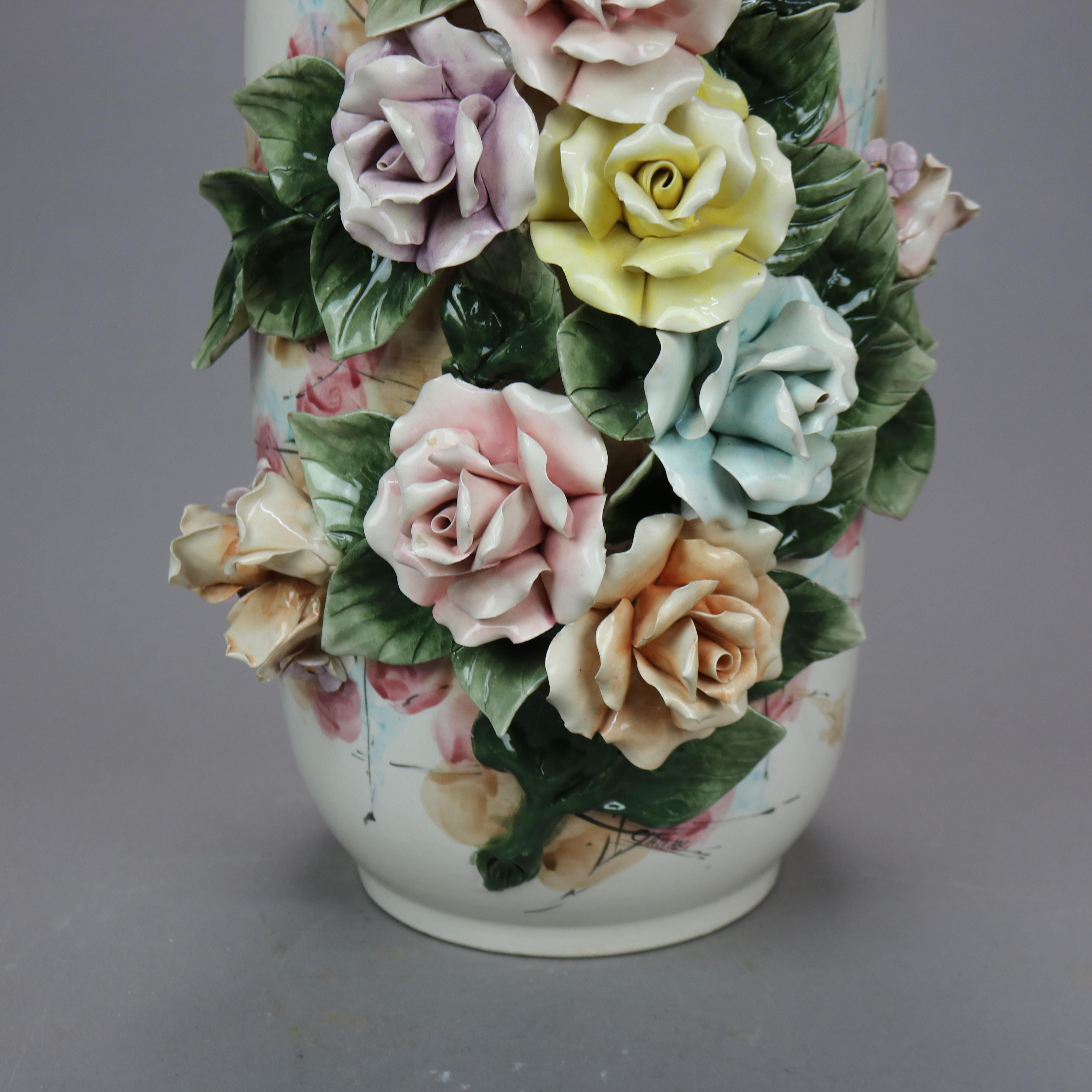 Antique Italian Capodimonte Pottery Floor Vase with Applied Flowers, c1900 2