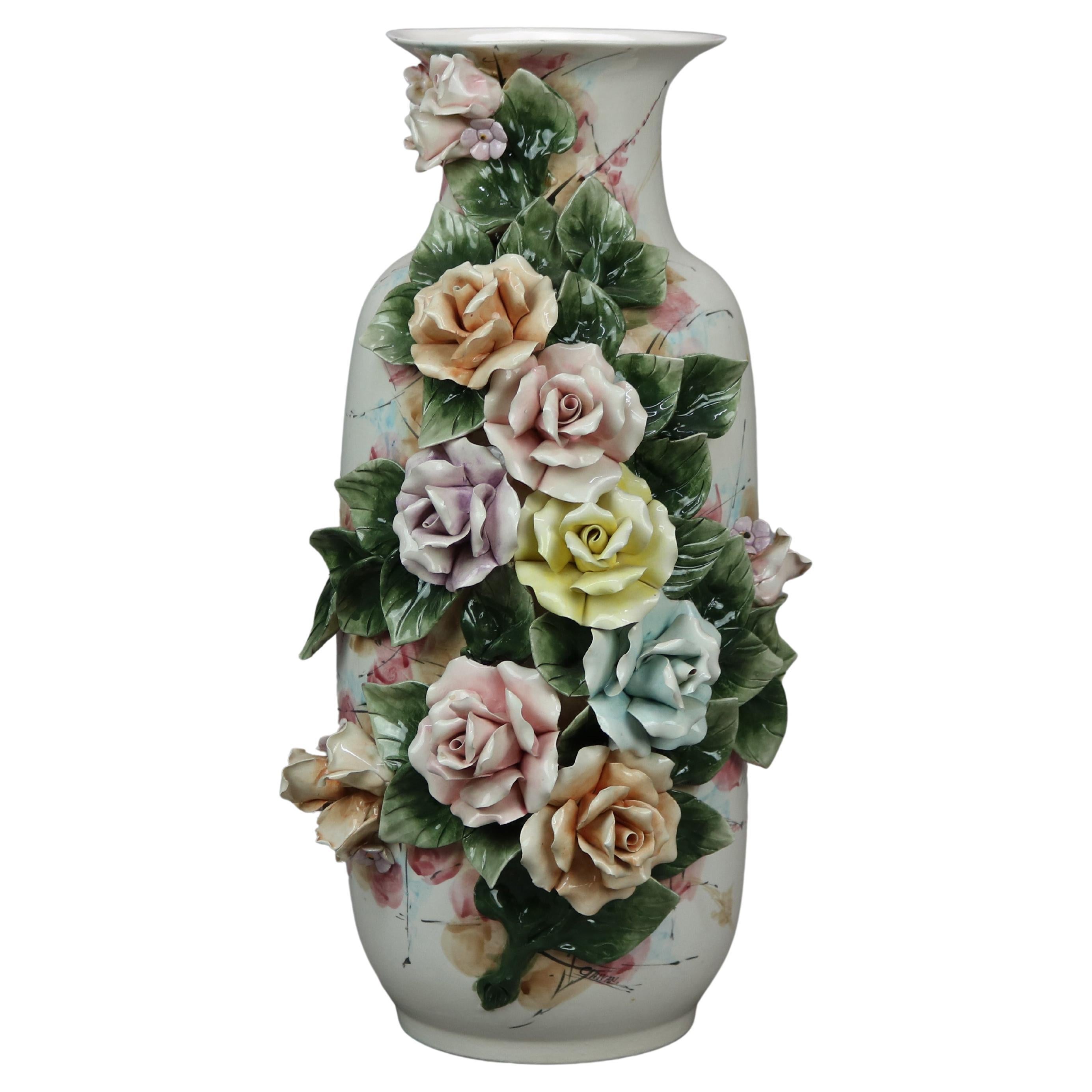 Antique Italian Capodimonte Pottery Floor Vase with Applied Flowers, c1900
