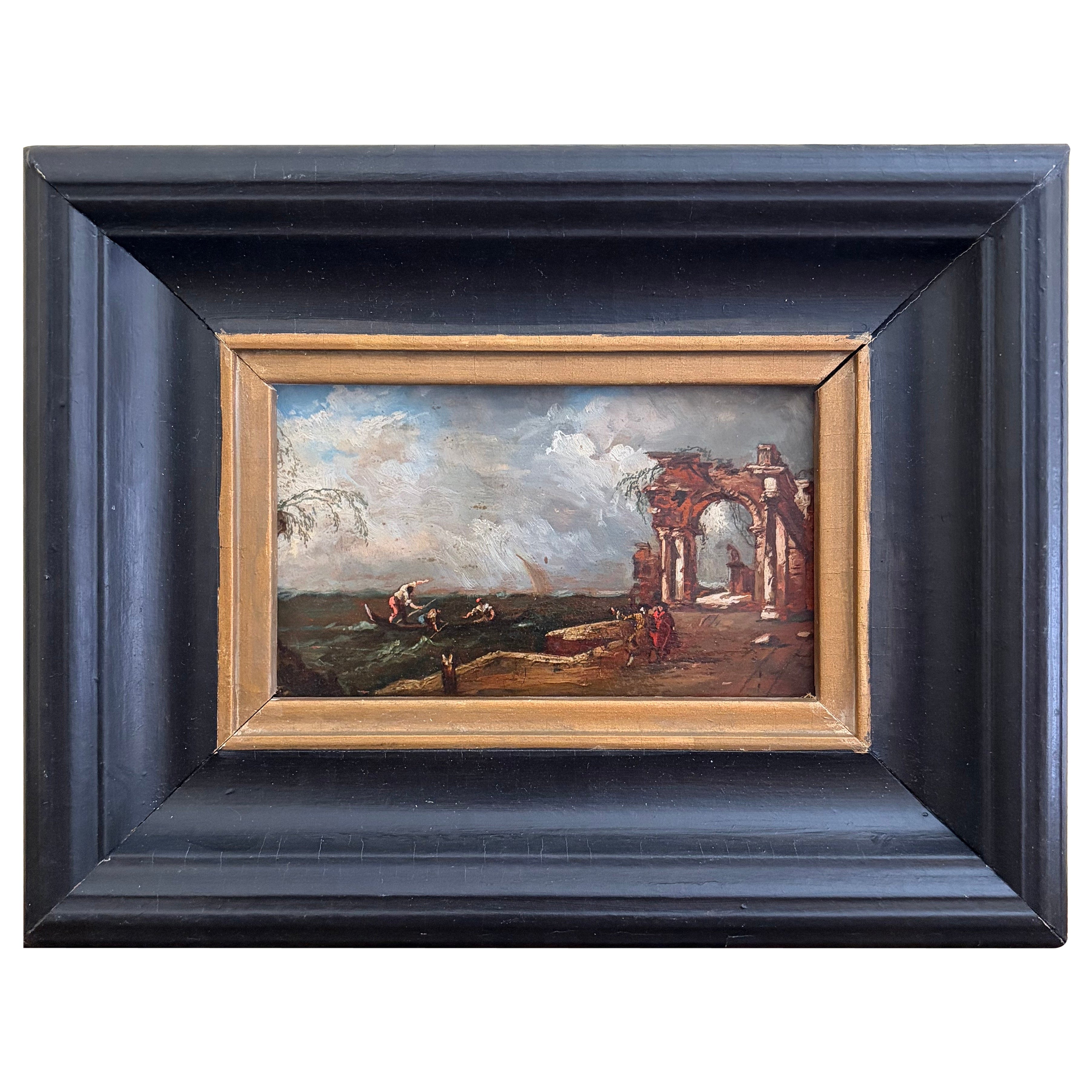 Antique Italian Capriccio Framed Oil Painting of Landscape With Ruins For Sale