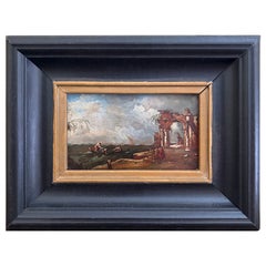 Antique Italian Capriccio Framed Oil Painting of Landscape With Ruins