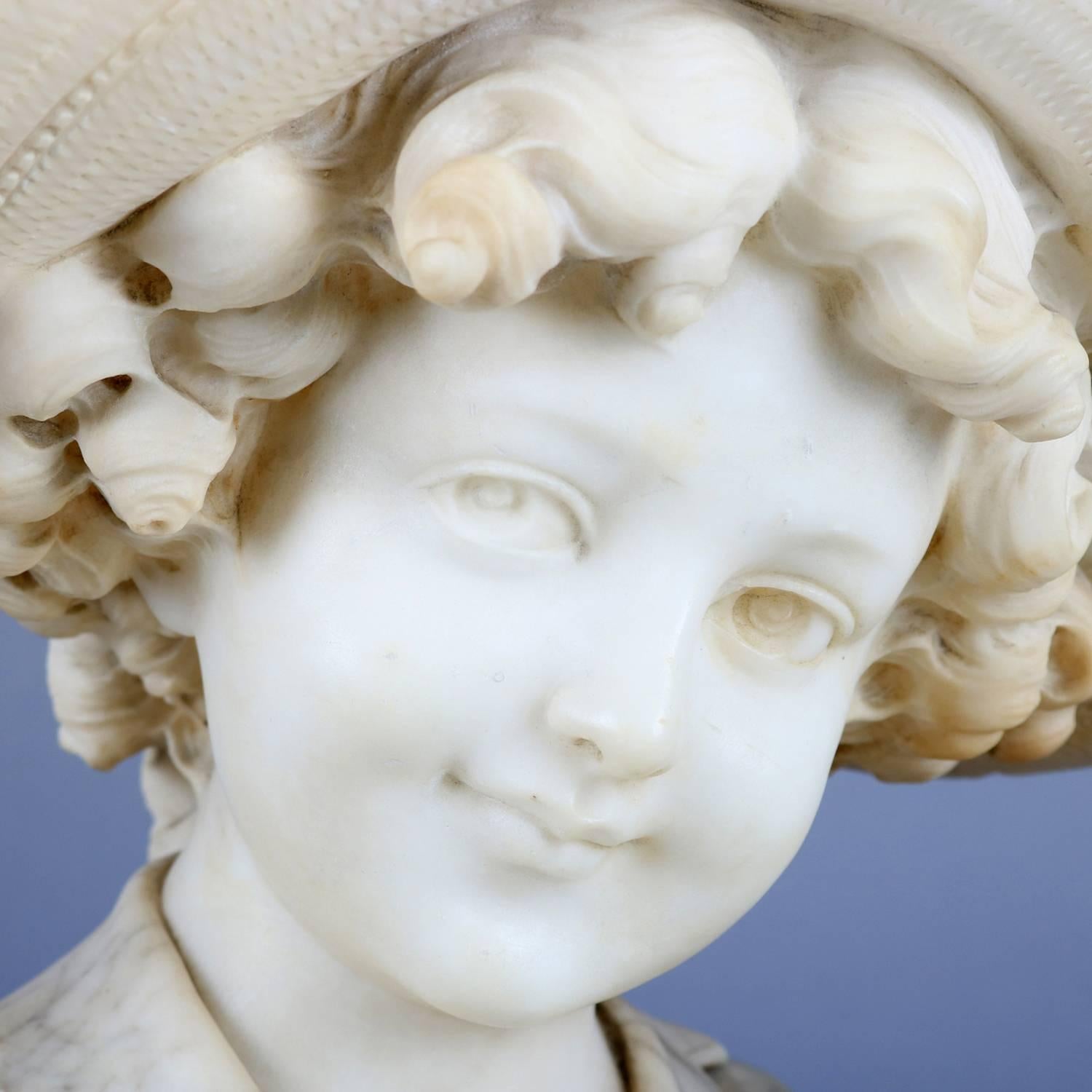 Antique Italian carved marble portrait sculpture depicts bust of a boy with his gambusi (musical guitar-like string instrument), signed on back A. Ciprianin, circa 1880

Measures: 16